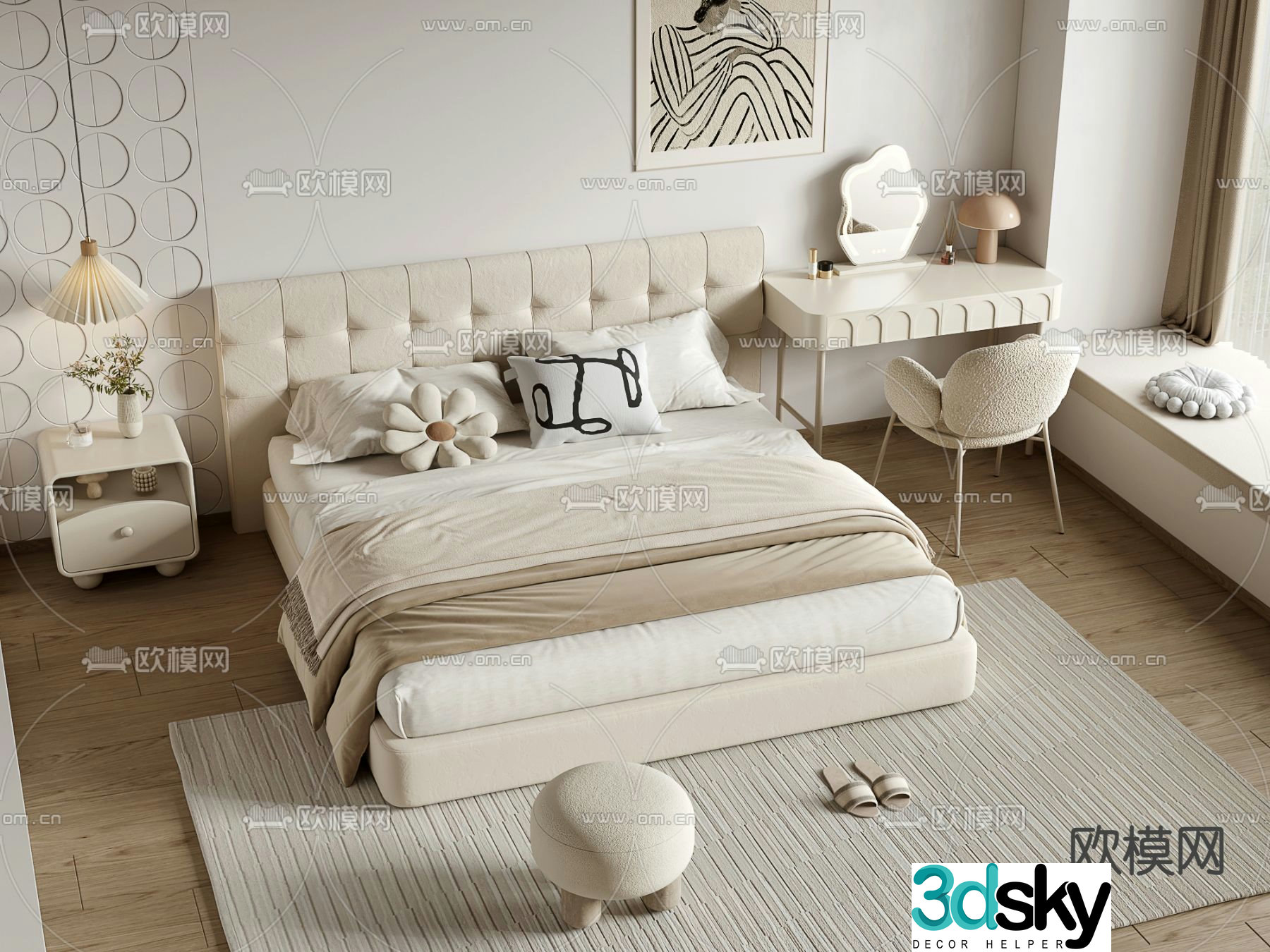 Cream style double bed 3d model