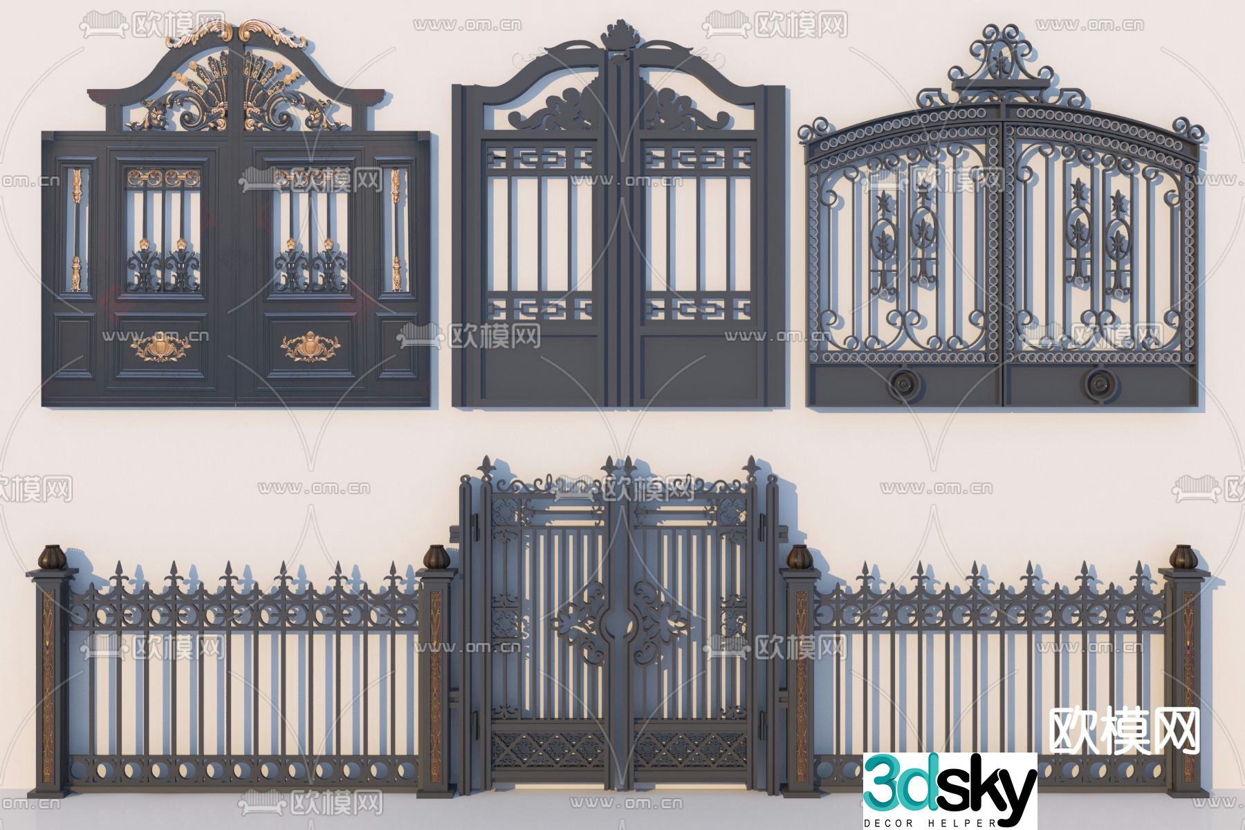 Wrought iron gate courtyard door double door 3D model
