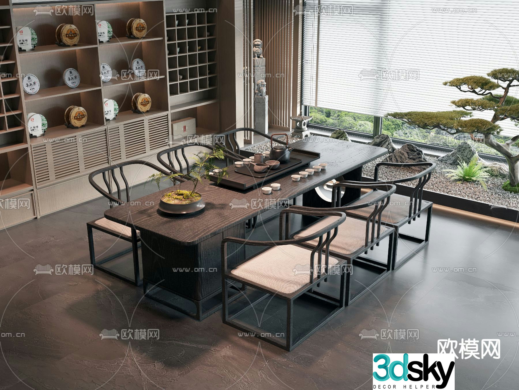 New Chinese style tea table and chairs solid wood tea table and chairs 3d model