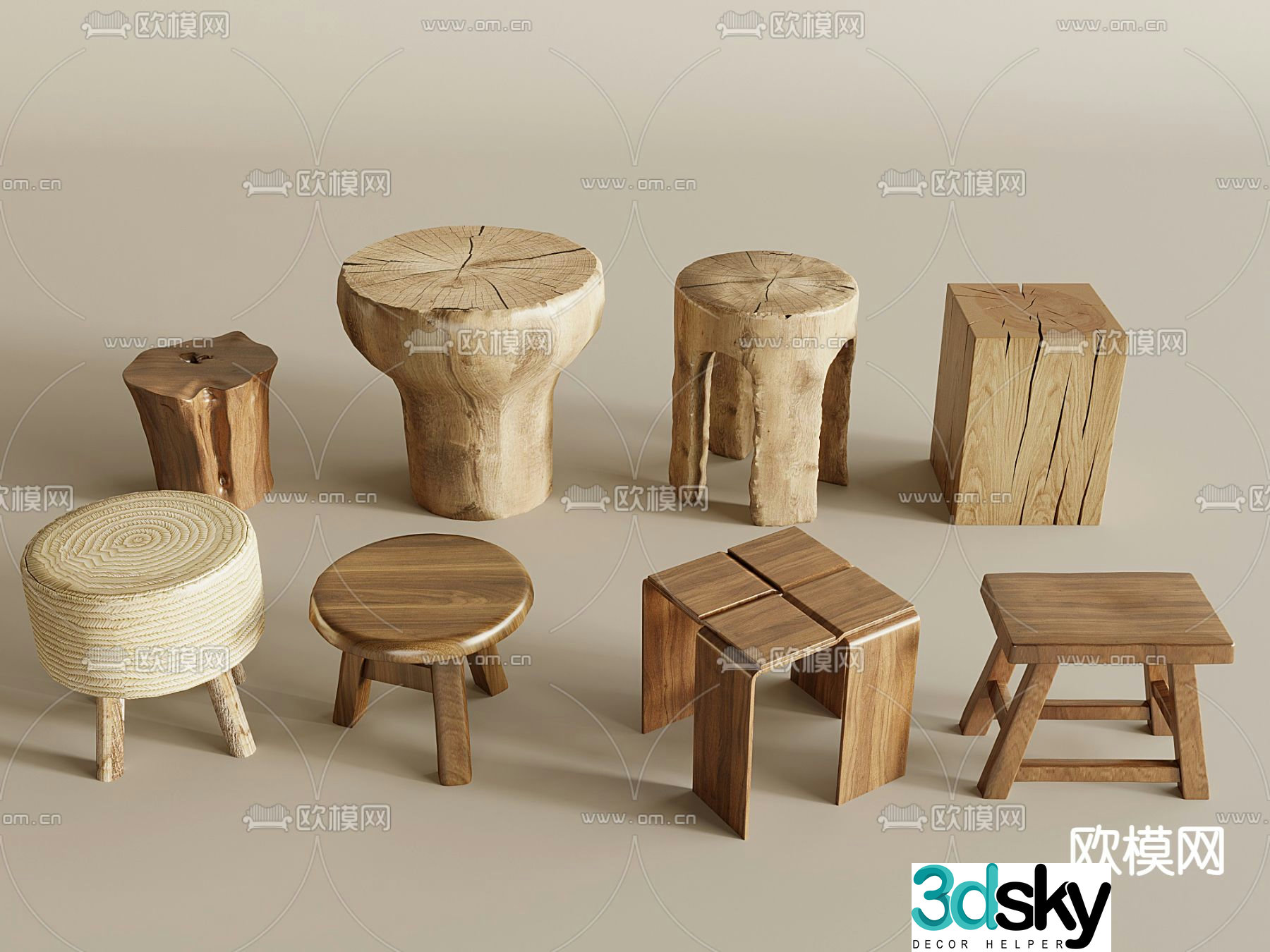 Nordic solid wood pier log stool rattan stool 3D model
