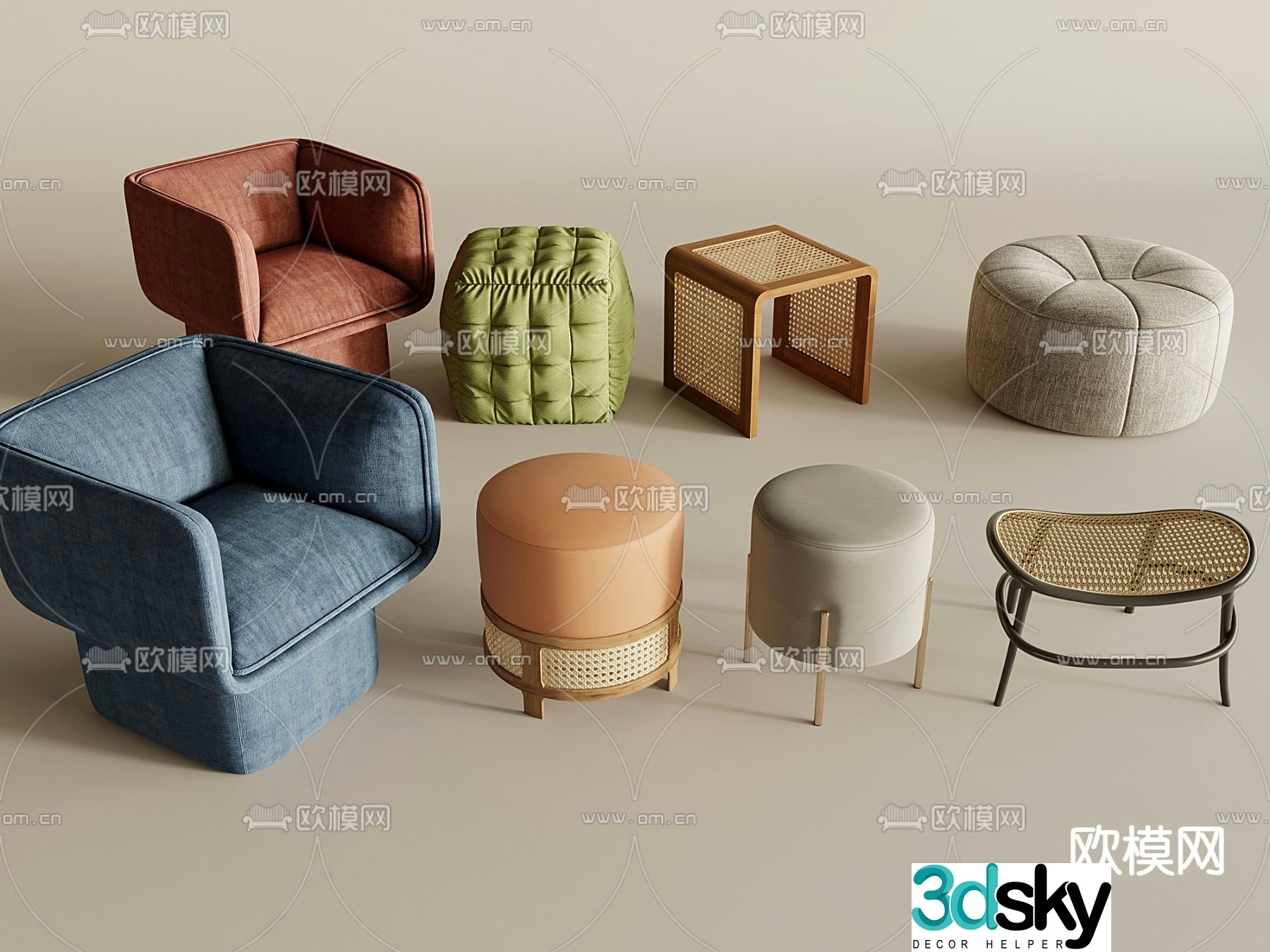 Nordic stool sofa stool round stool square stool 3D model