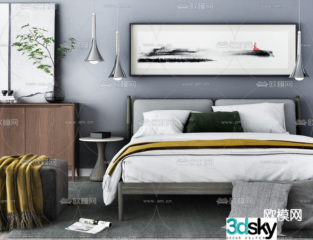 New Chinese style double bed 3d model