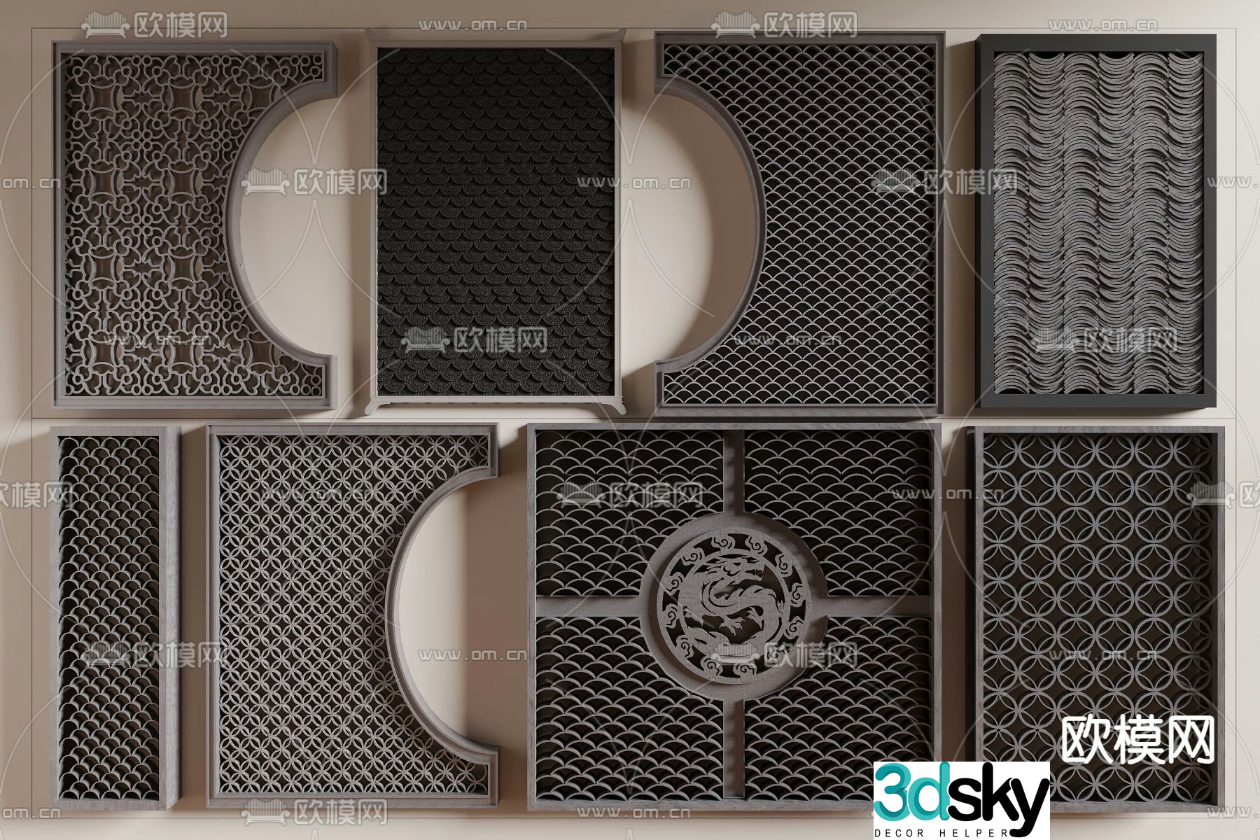 Chinese tile partition tile background wall 3D model