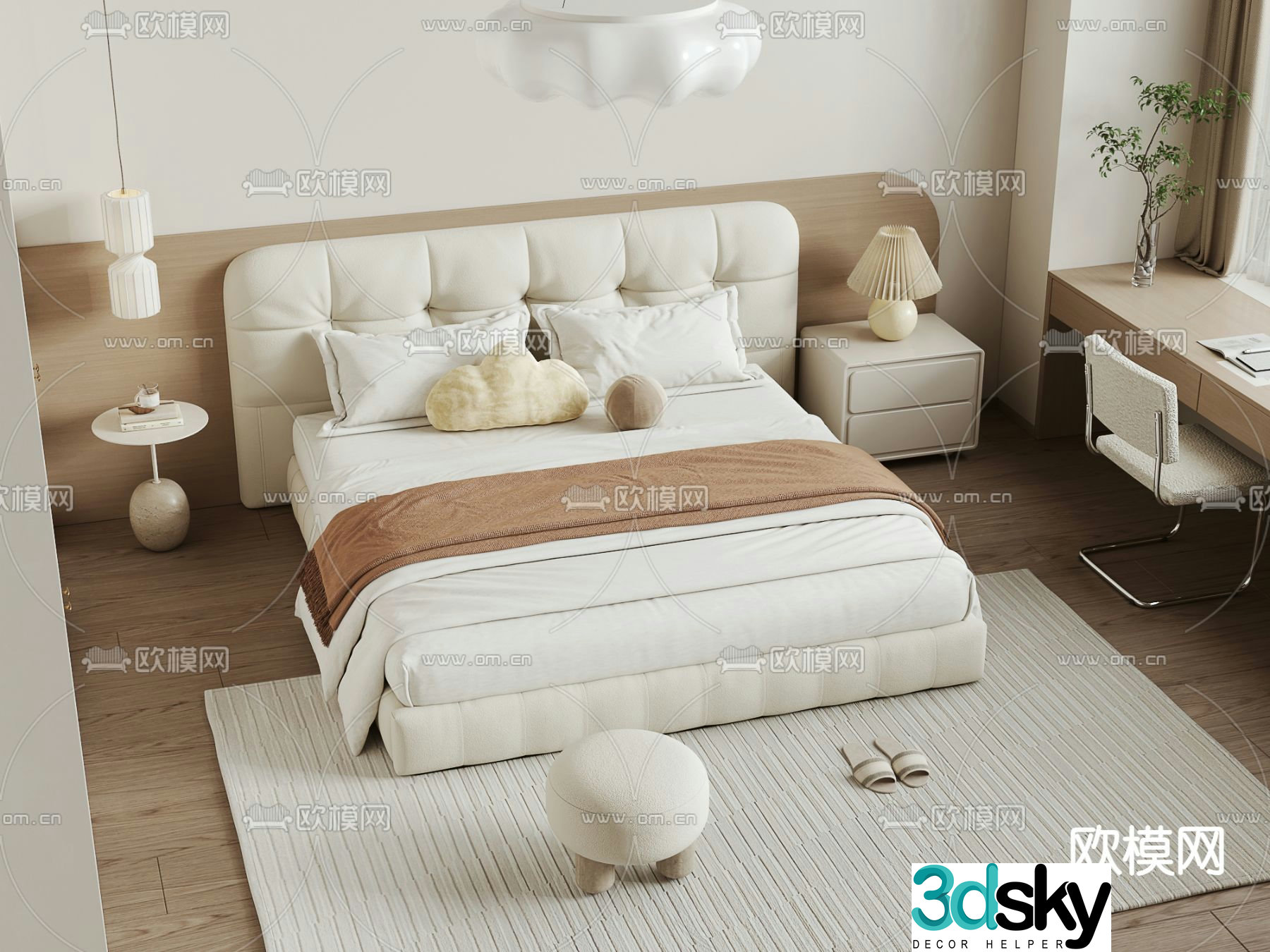 Cream style double bed 3d model
