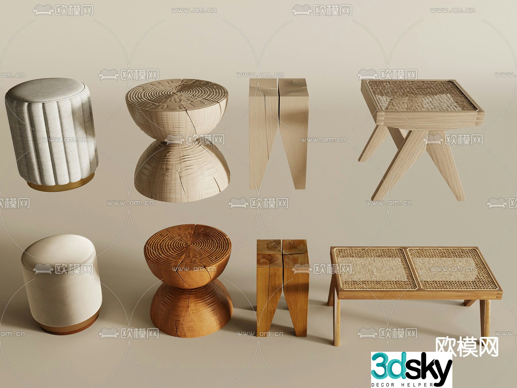 wabi-sabi stool wooden stool low stool 3d model