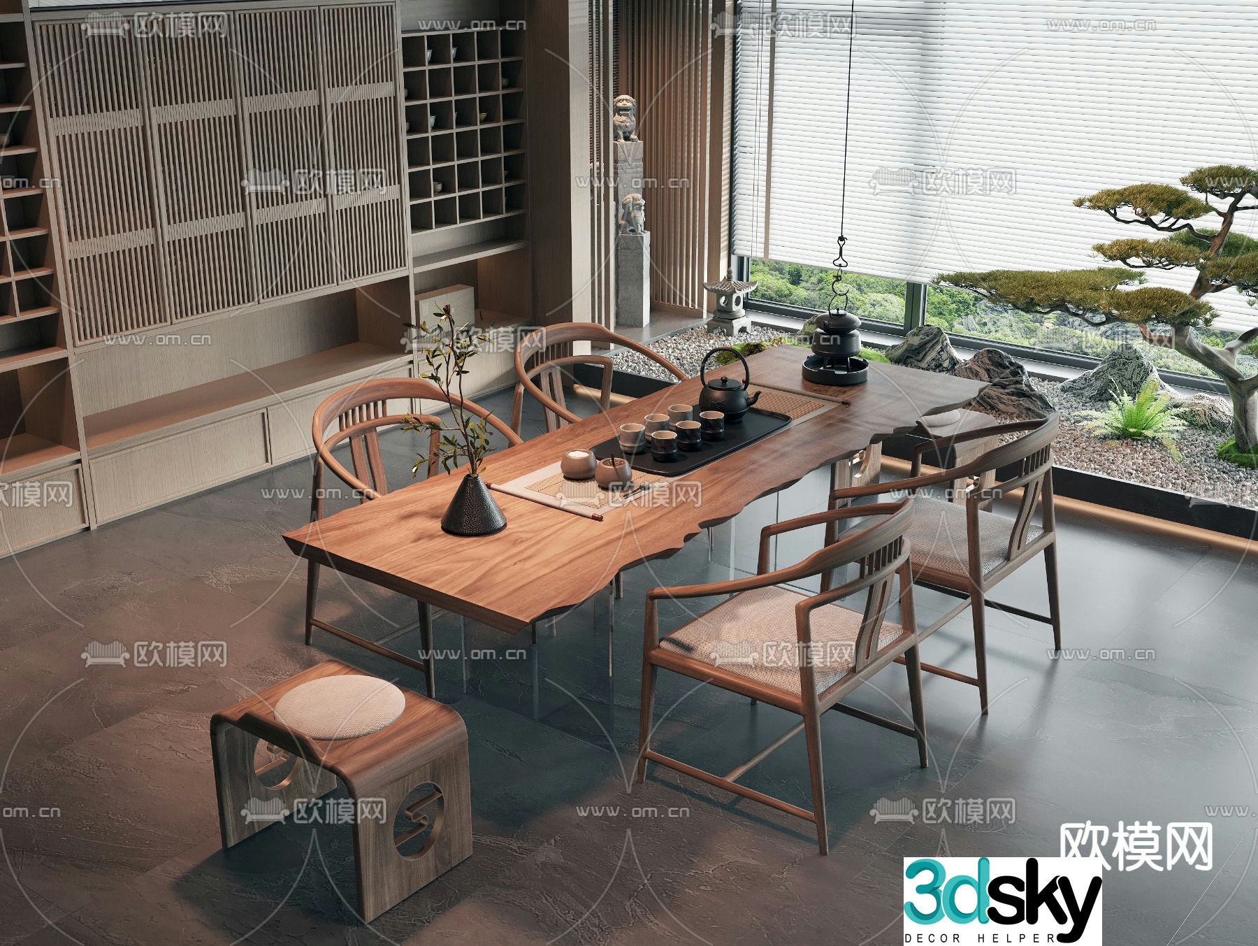 New Chinese style tea table and chairs solid wood tea table 3d model