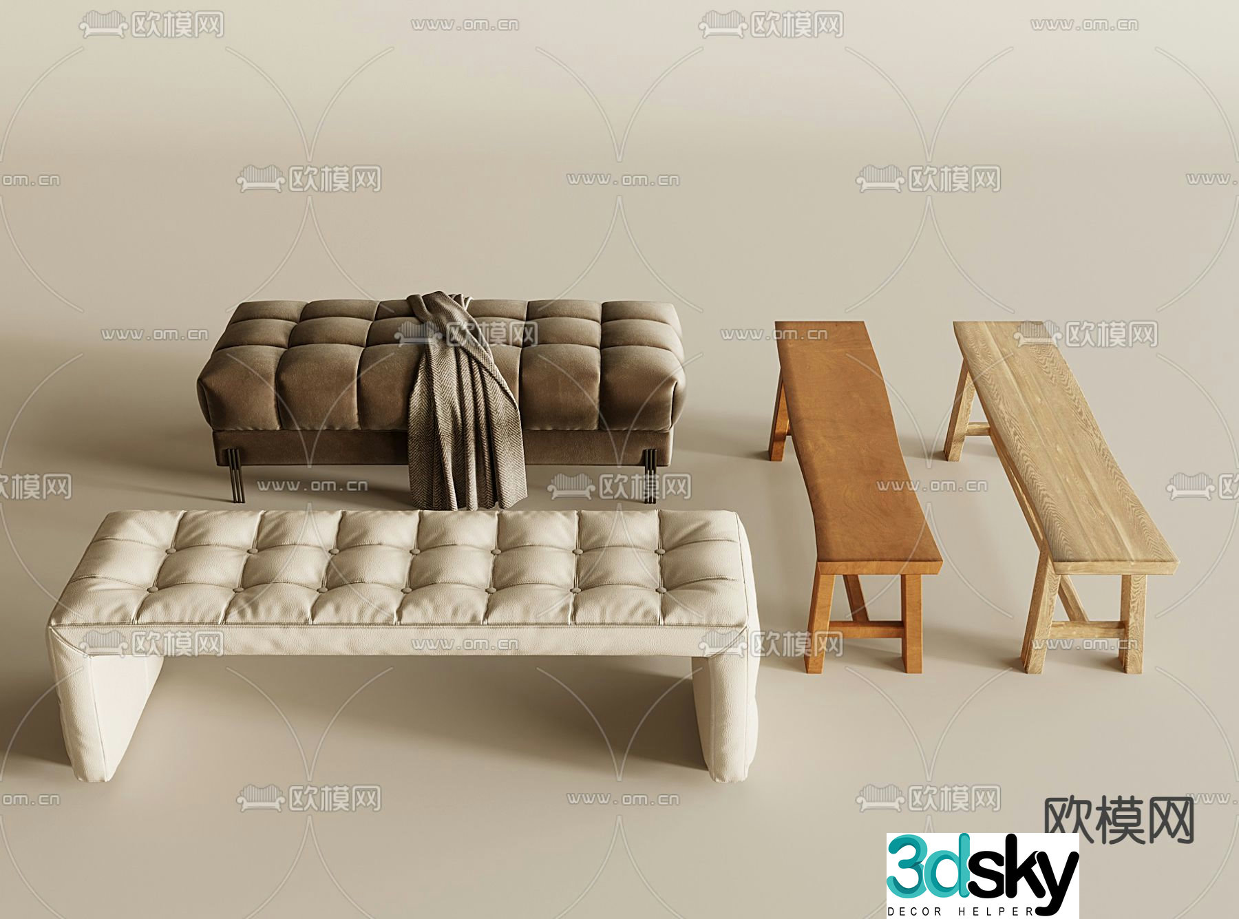 Nordic bed end stool sofa side stool solid wood bench 3d model