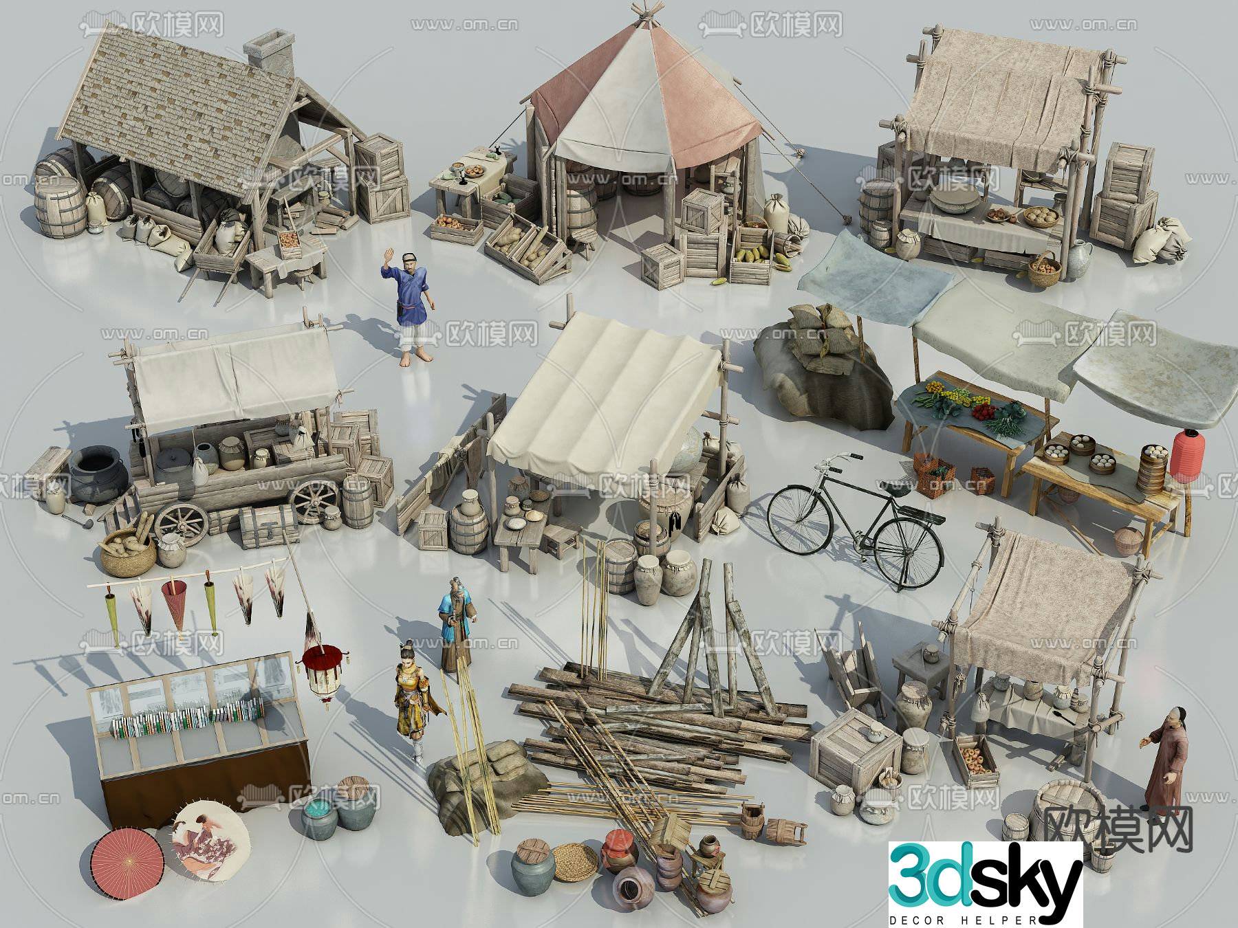 Ancient commercial street sketches shop stalls 3D model