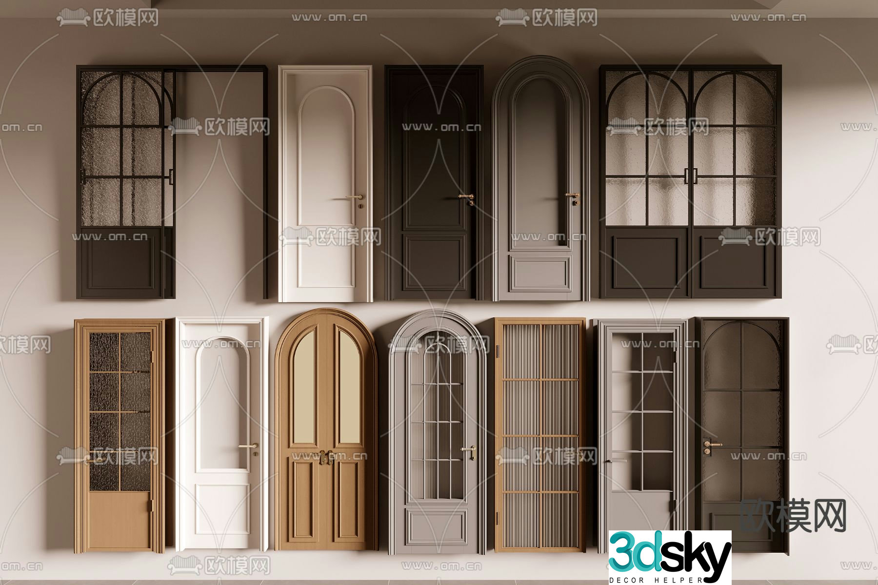 Middle-aged style kitchen and bathroom door swing door double door 3D model