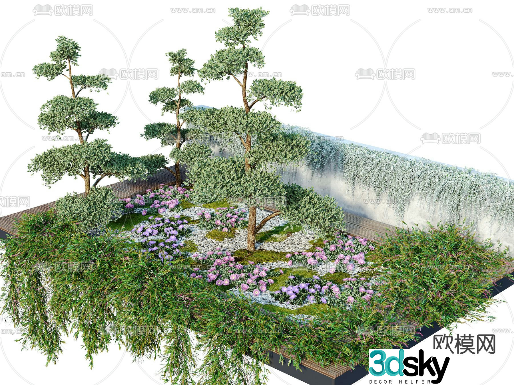Modern flower bed tree pond plant pile 3d model