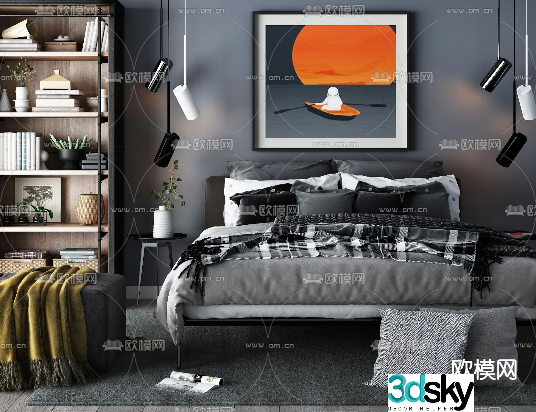 Premium gray double bed 3d model