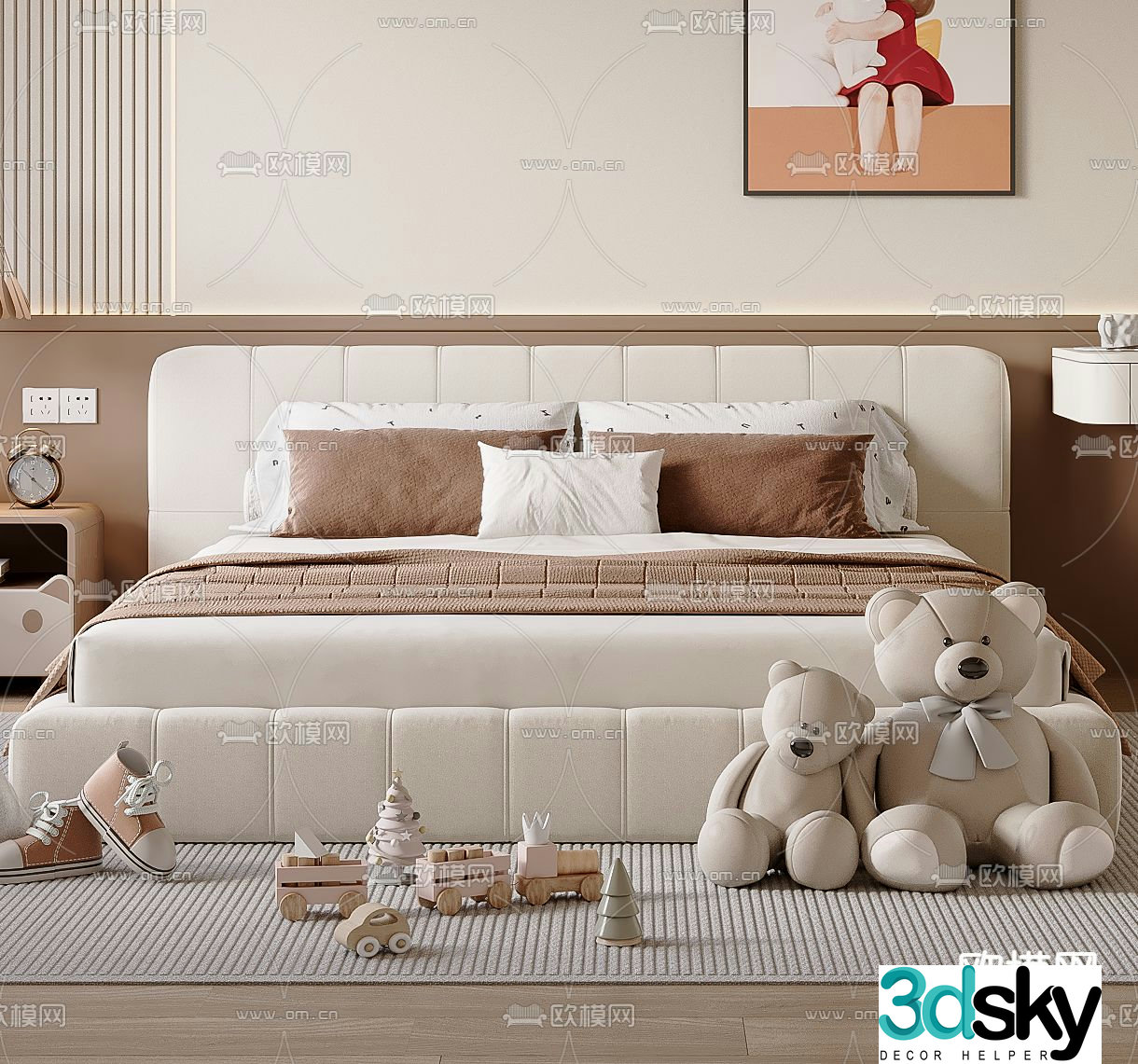 Cream style double bed 3d model