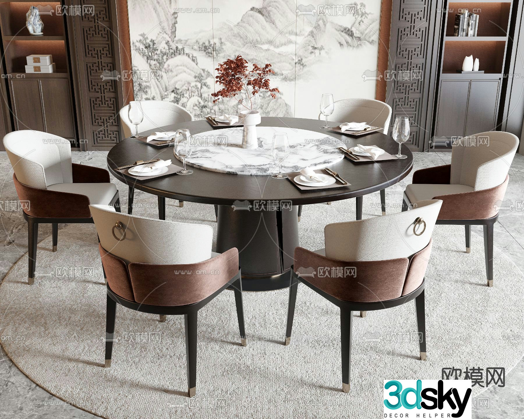 New Chinese dining table and chairs 3d model
