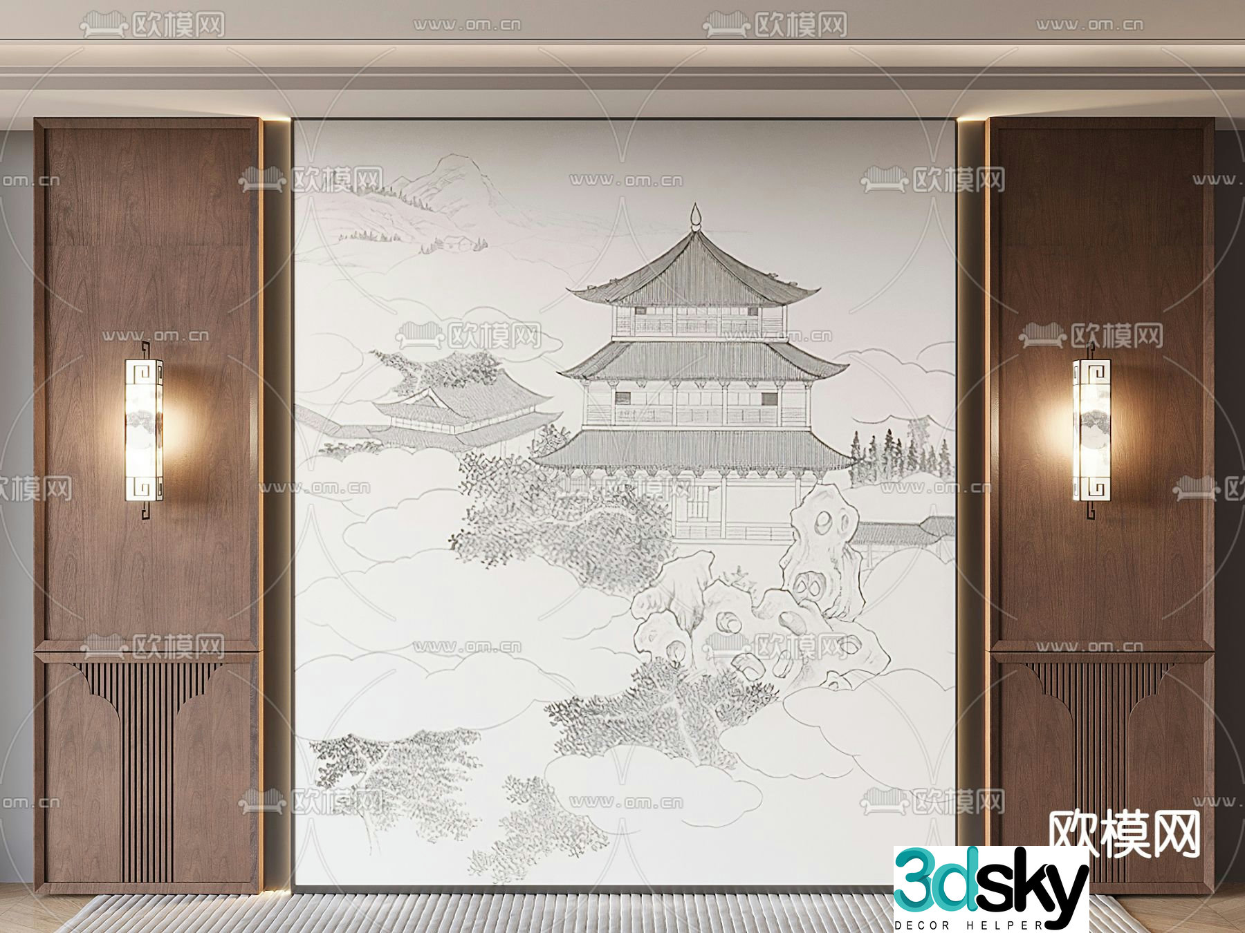 New Chinese style background wall TV background 3d model