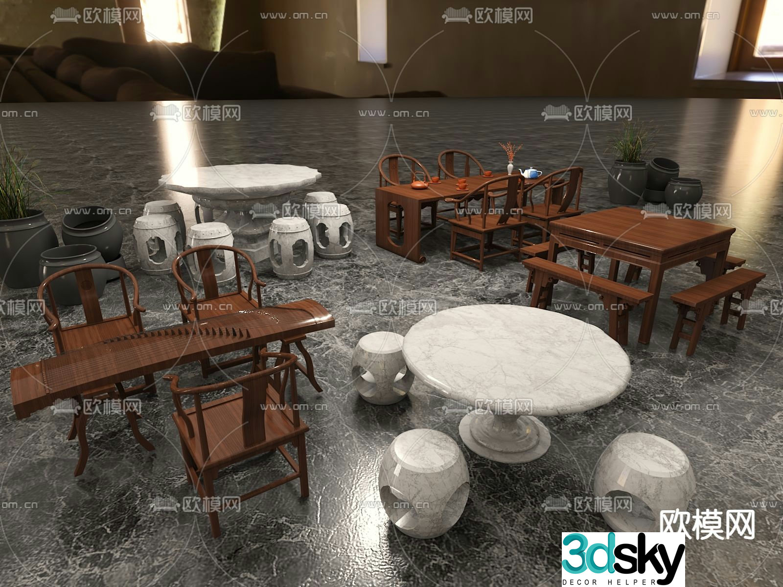 Outdoor tables and chairs stone tables and chairs Eight Immortals table 3D model