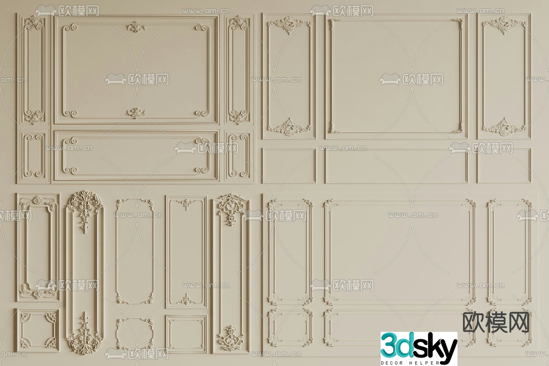 French gypsum line background wall 3d model
