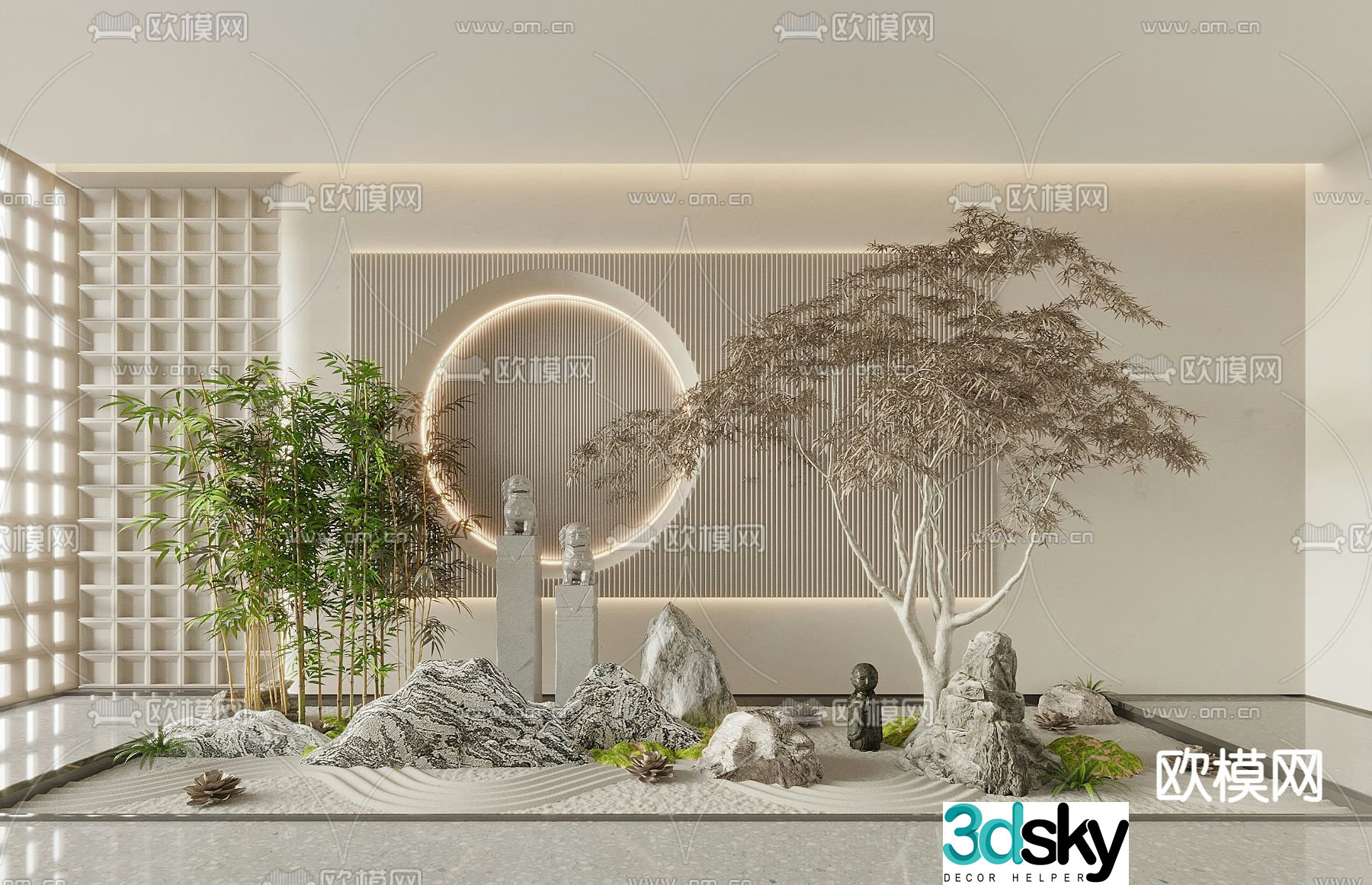 Landscape sketch bamboo landscaping stone lion sculpture 3D model