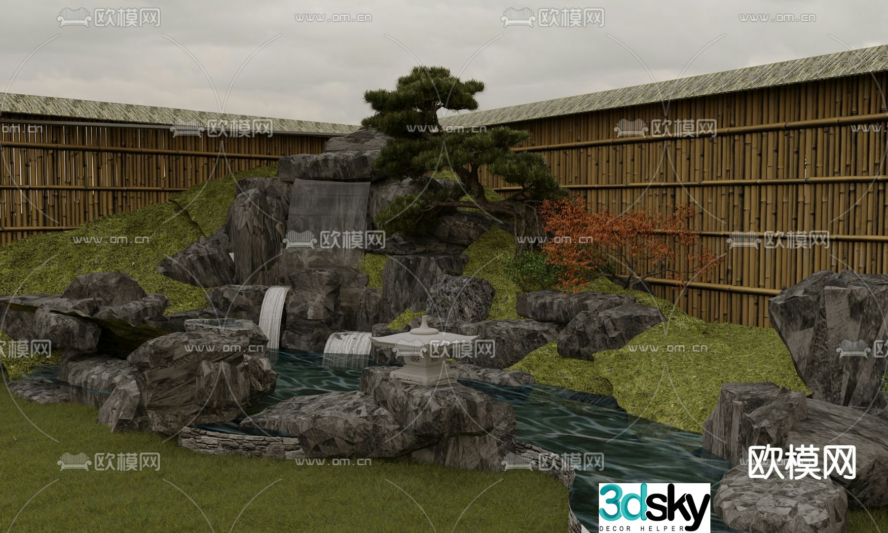 Rockery waterscape stacked stone sketch waterfall and flowing water 3D model