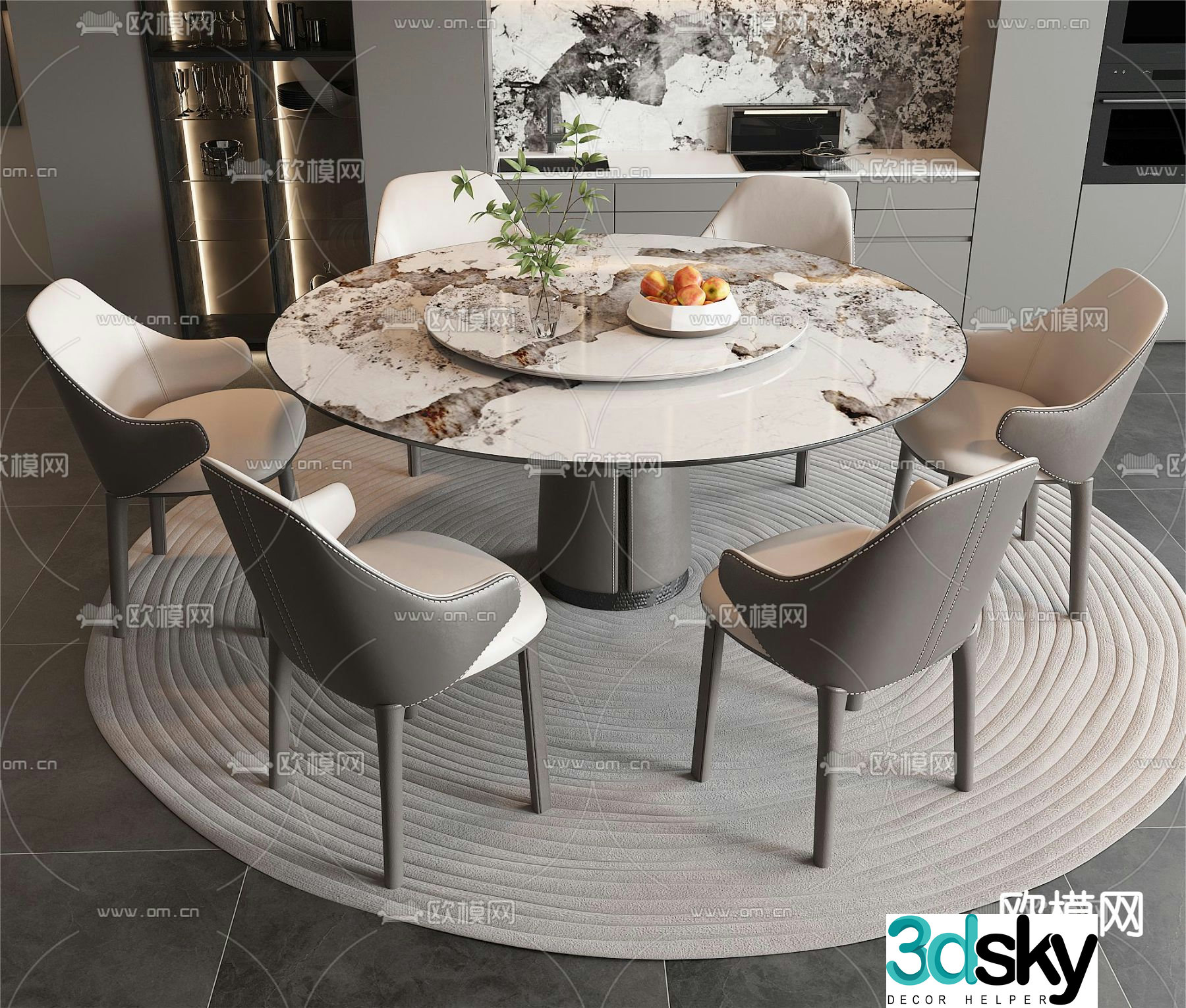 Round dining table and chairs 3d model