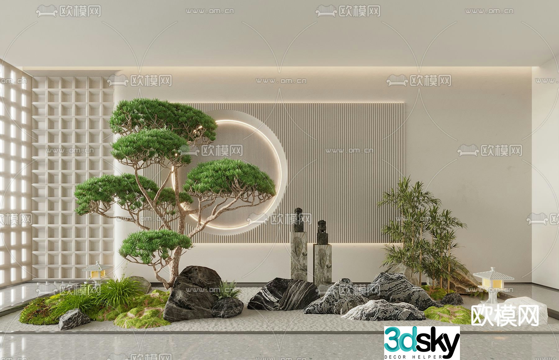 Landscape sketch pine tree landscaping stone lion sculpture 3D model