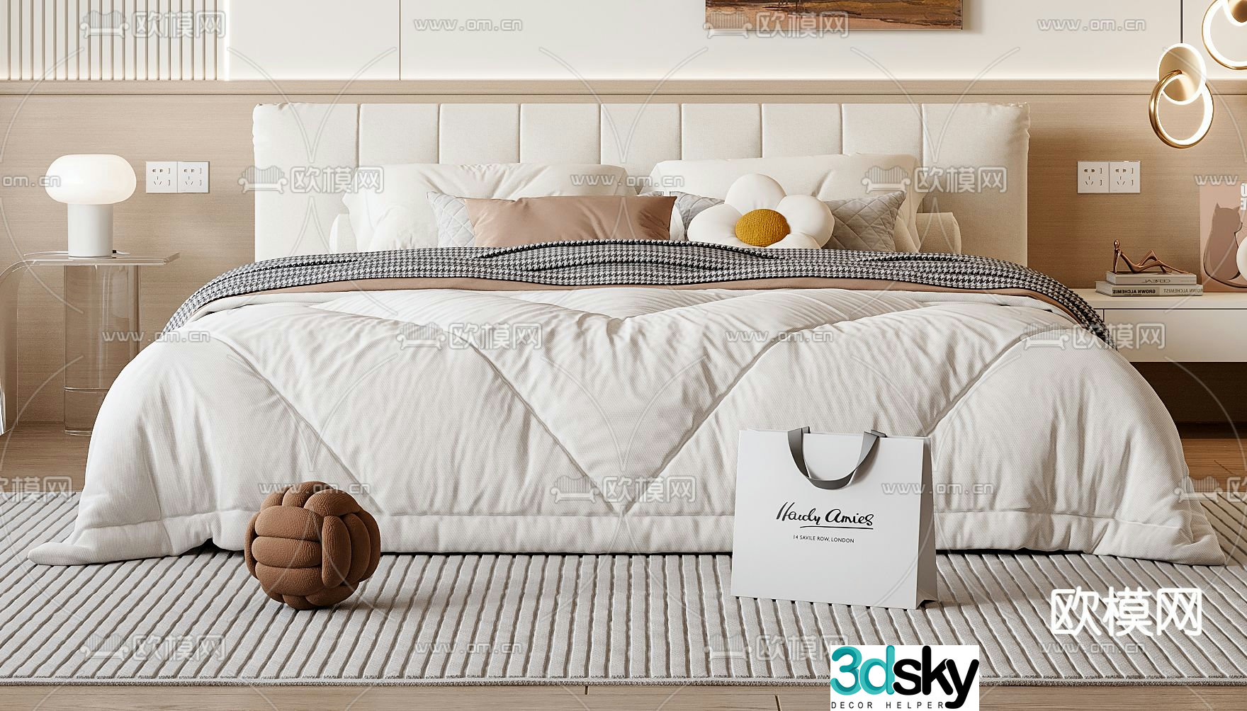 Cream style double bed 3d model