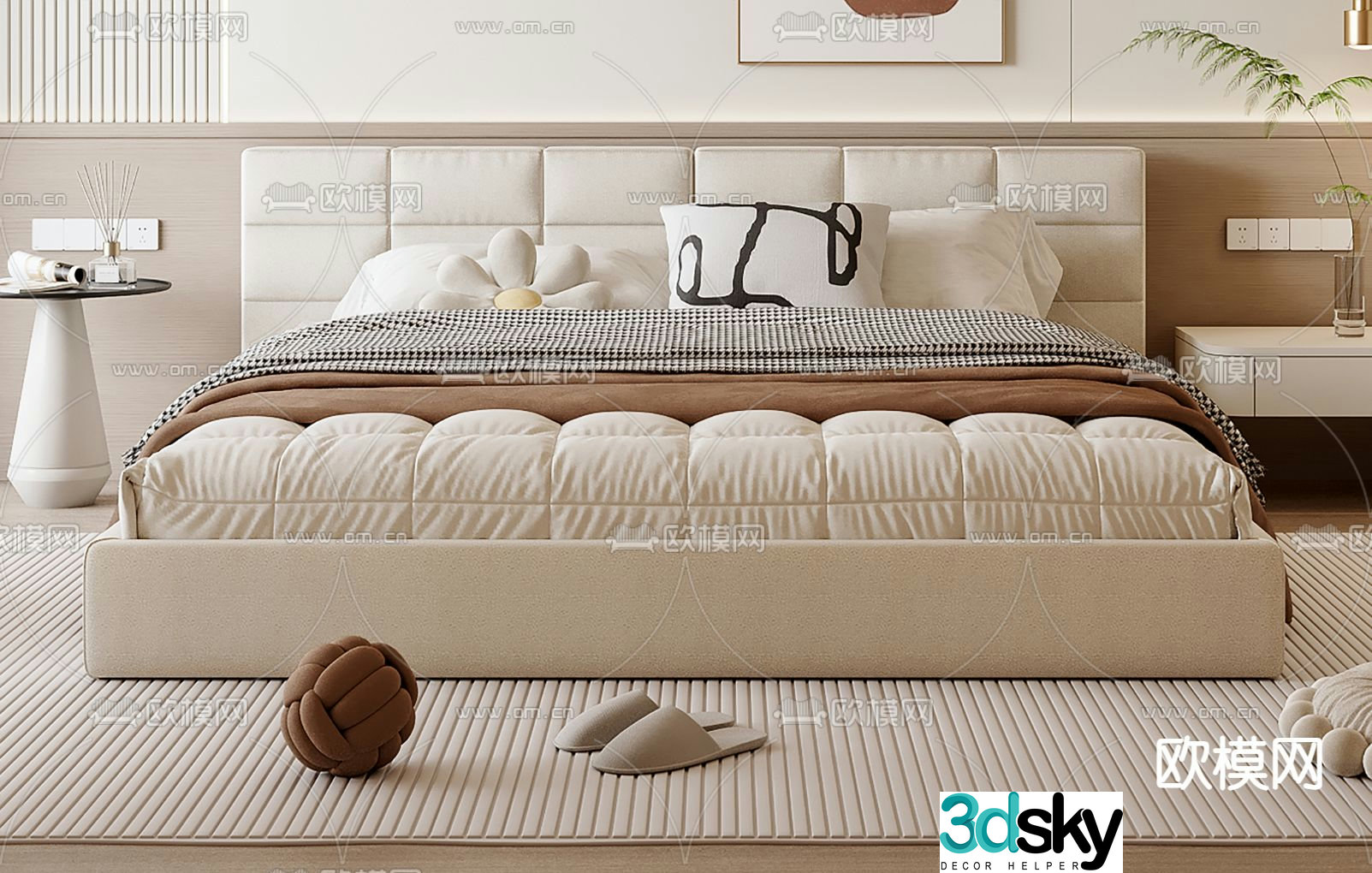Cream style double bed 3d model
