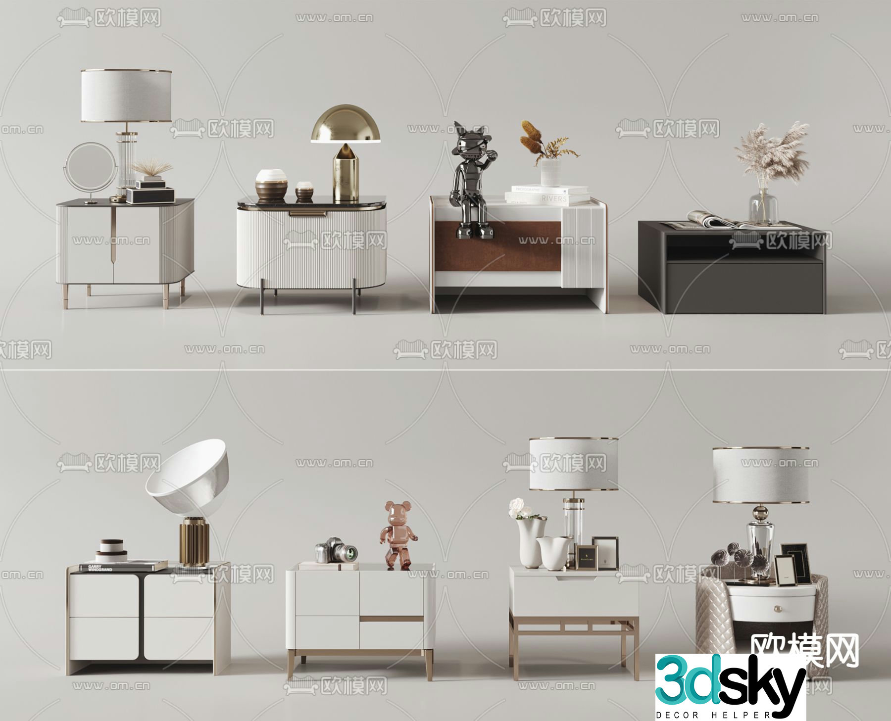 Light luxury bedside table combination 3D model