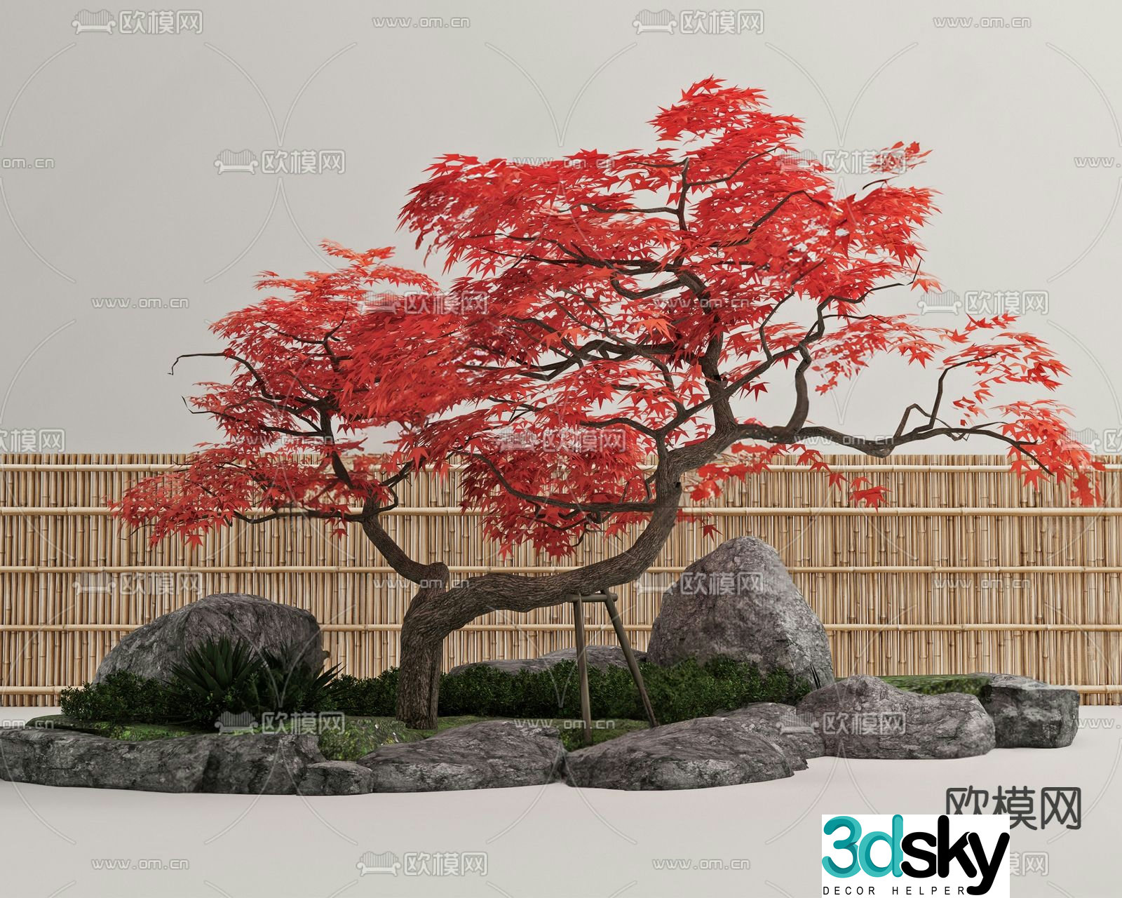 Landscape sketch moss green plants red maple tree 3D model