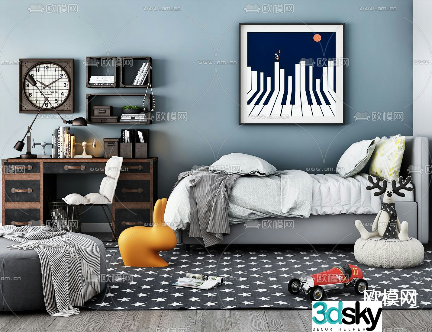 Modern children’s bed study table bookshelf 3d model