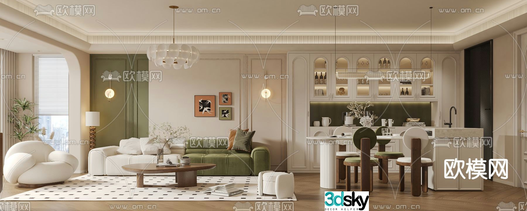 French living and dining room 3d model