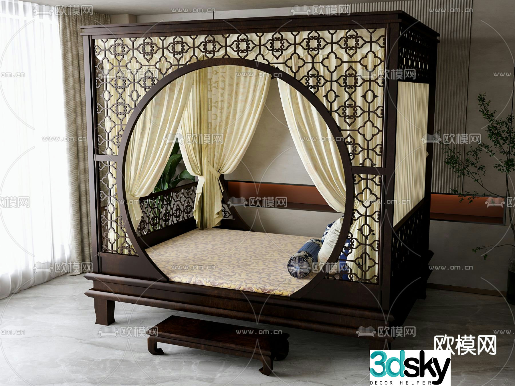 New Chinese style double bed 3d model