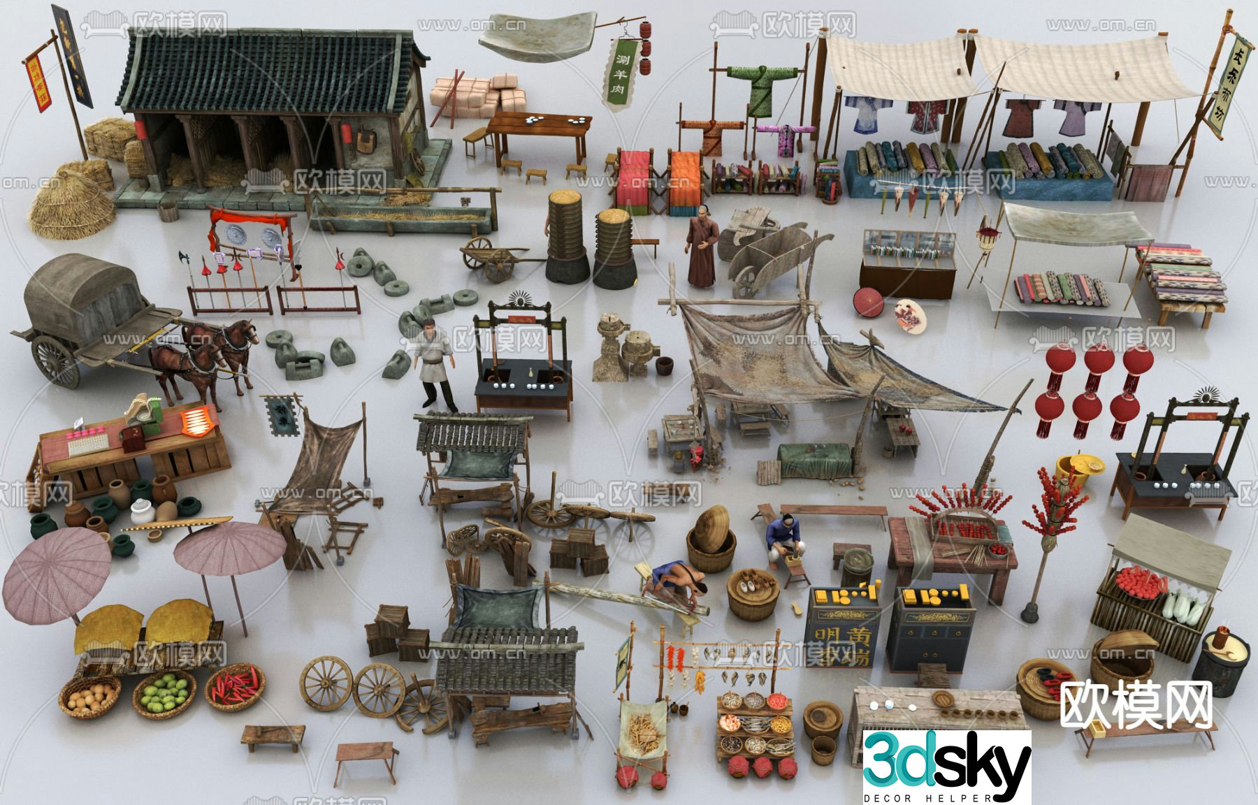 Chinese stall cloth stall fruit stall market 3D model