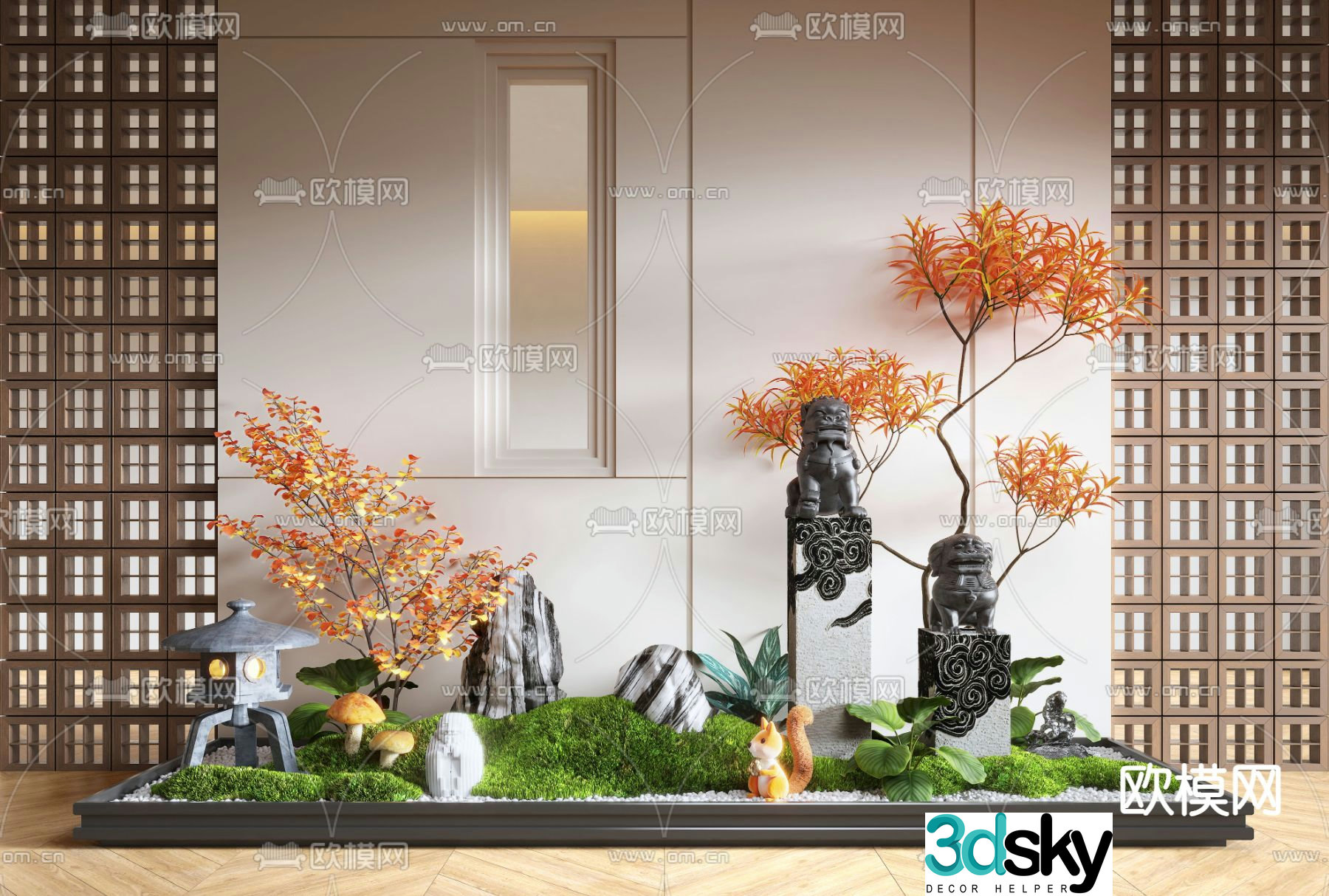 Indoor landscape plant landscaping stone lion sculpture 3d model