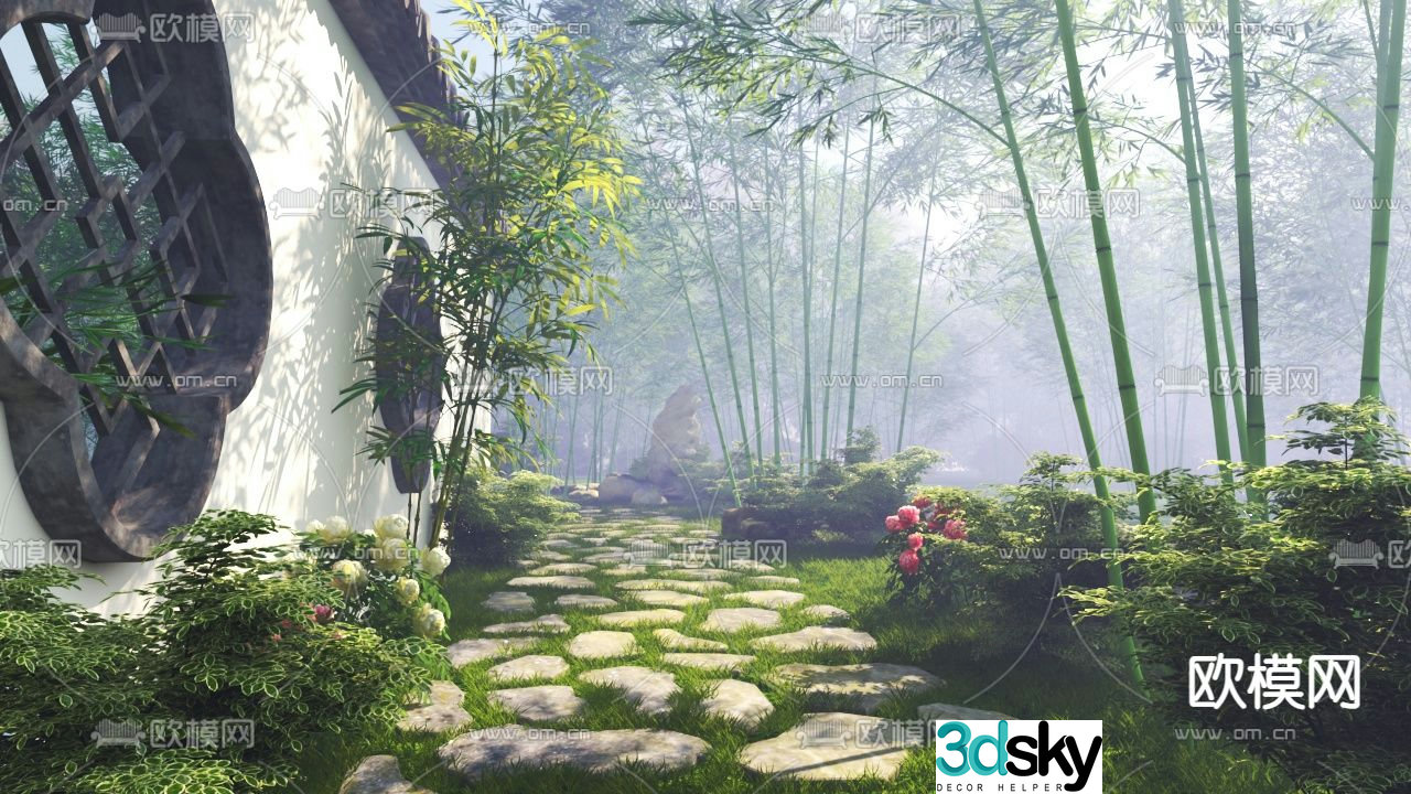 Landscape garden bamboo forest stone road 3d model