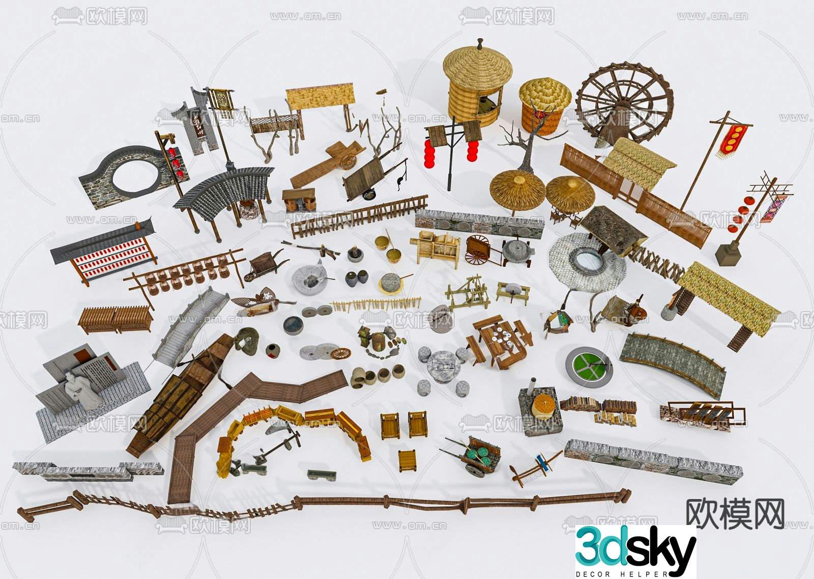 Chinese landscape sketch farmhouse ornaments 3D model