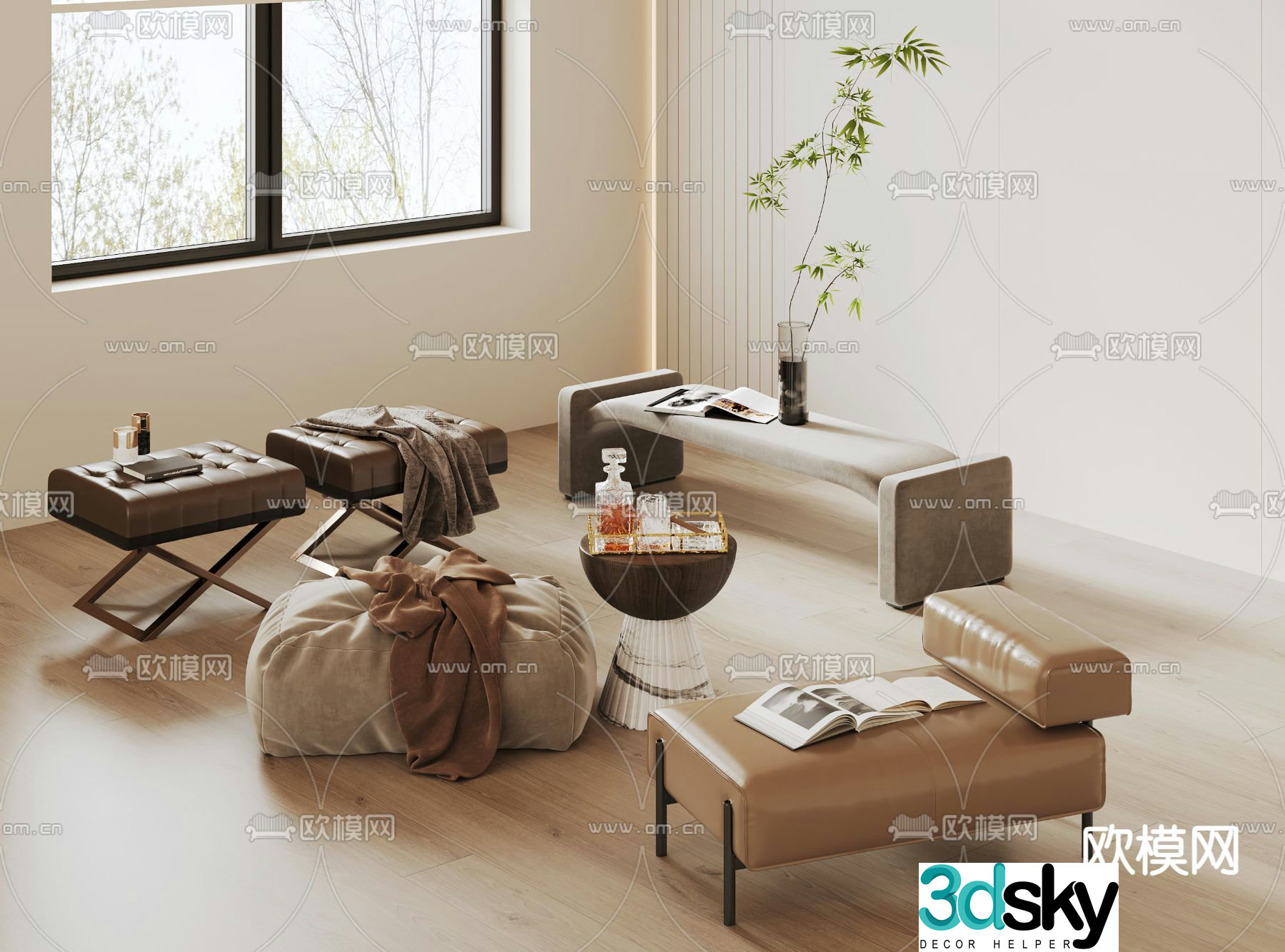 Light luxury bed end stool sofa stool 3d model