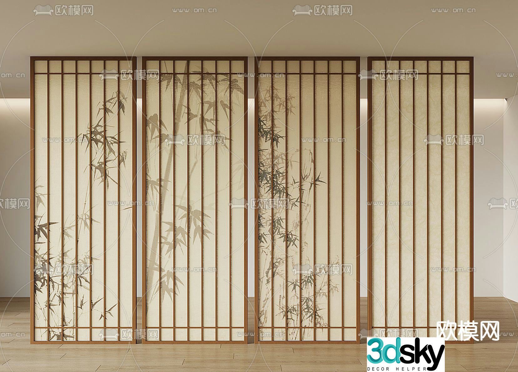 New Chinese style lattice ink bamboo partition 3D model