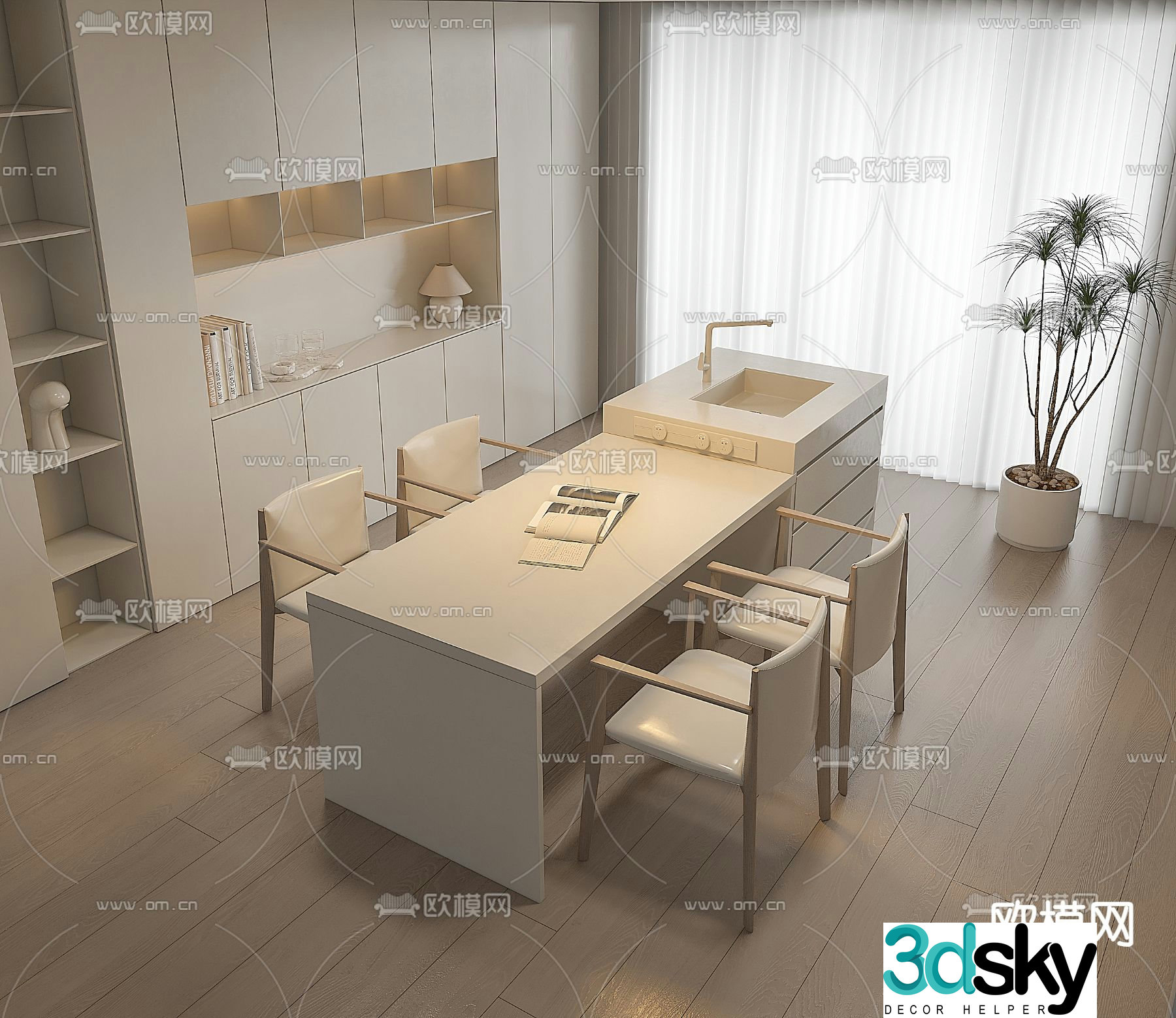 Cream style dining table and chairs island dining table and chairs 3d model