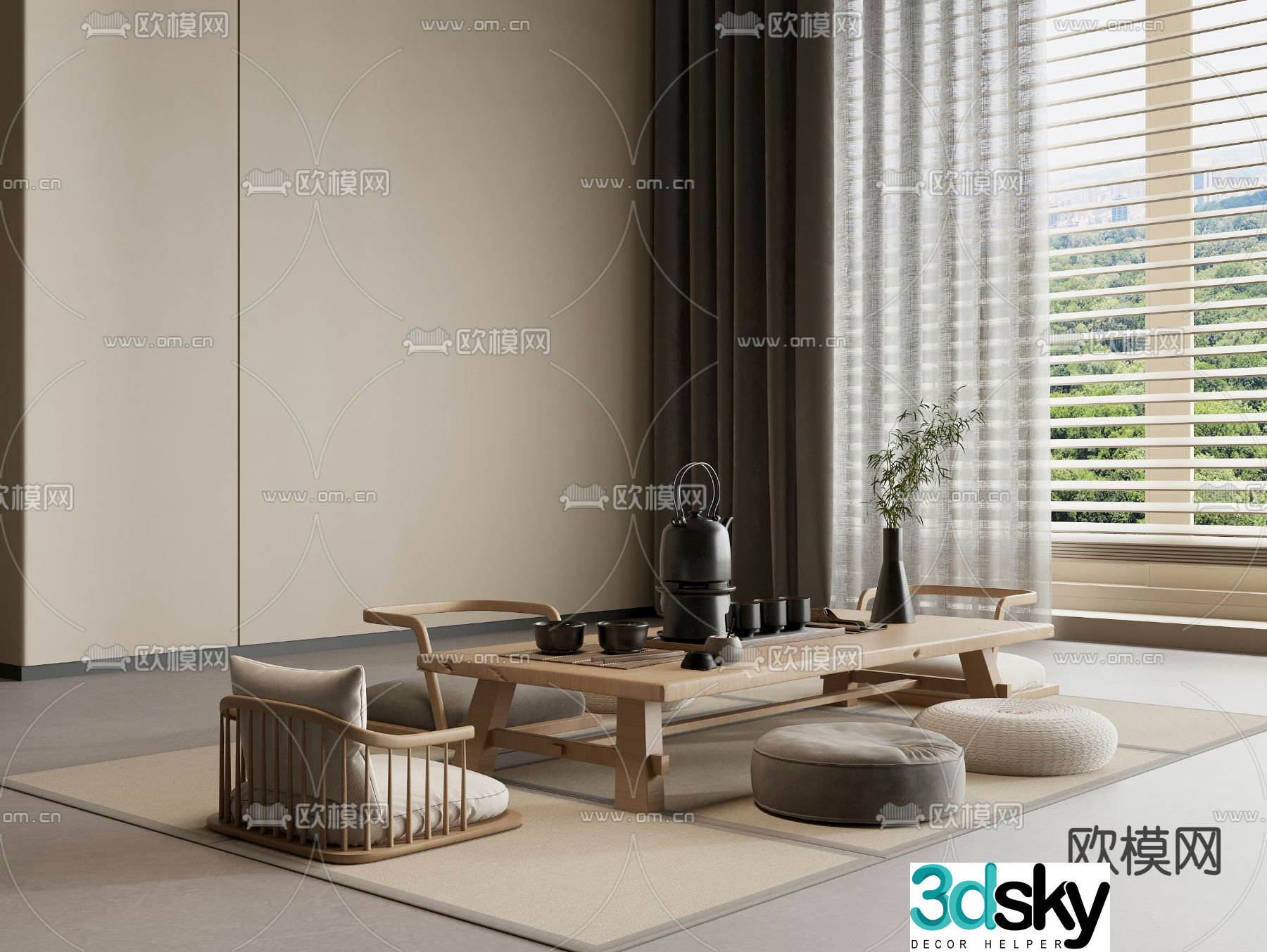 Japanese tea table and chair 3D model