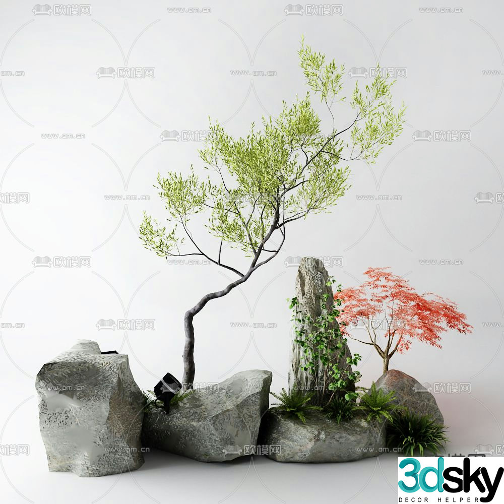 Landscape tree stone plant pile sketch 3d model