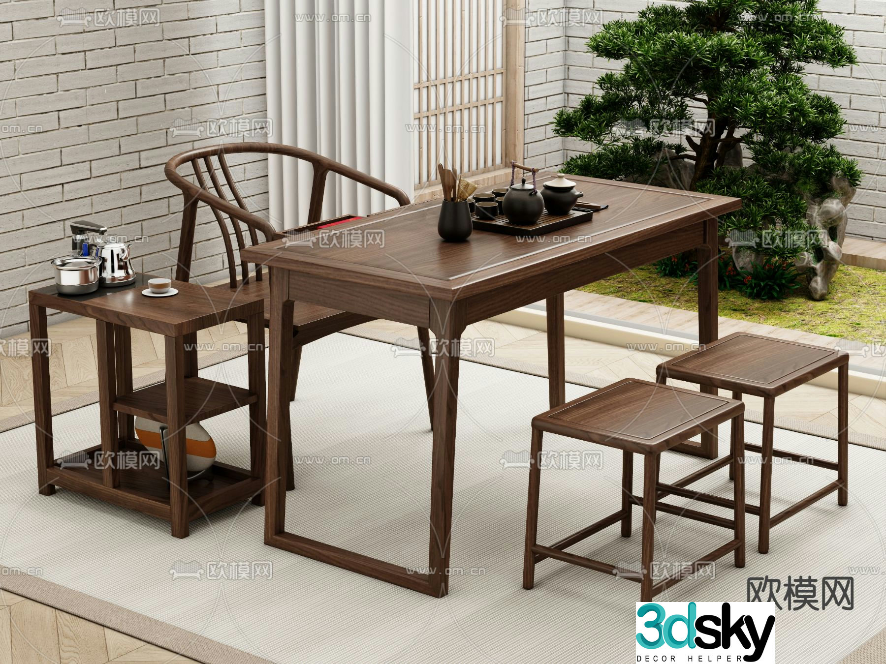 New Chinese style tea table and chairs tea table 3d model