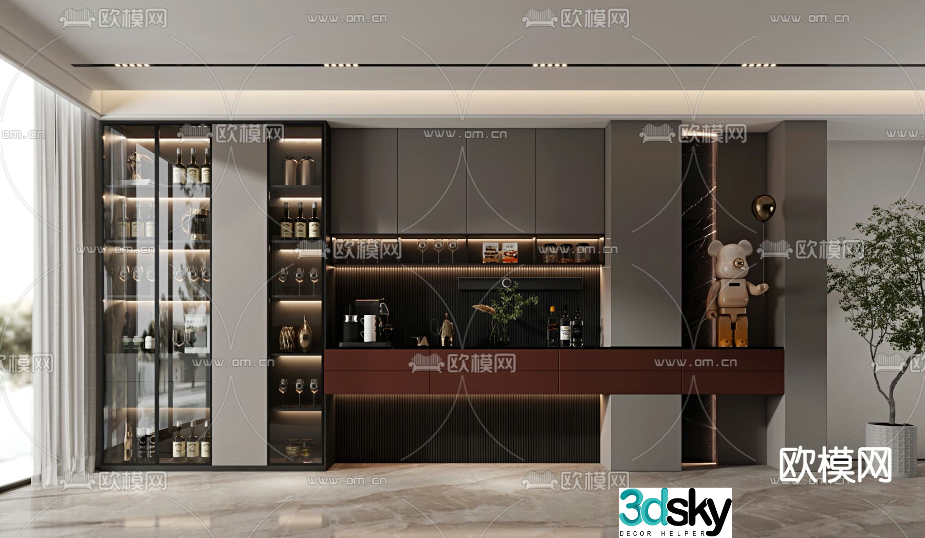 High-end gray wine cabinet and sideboard 3D model