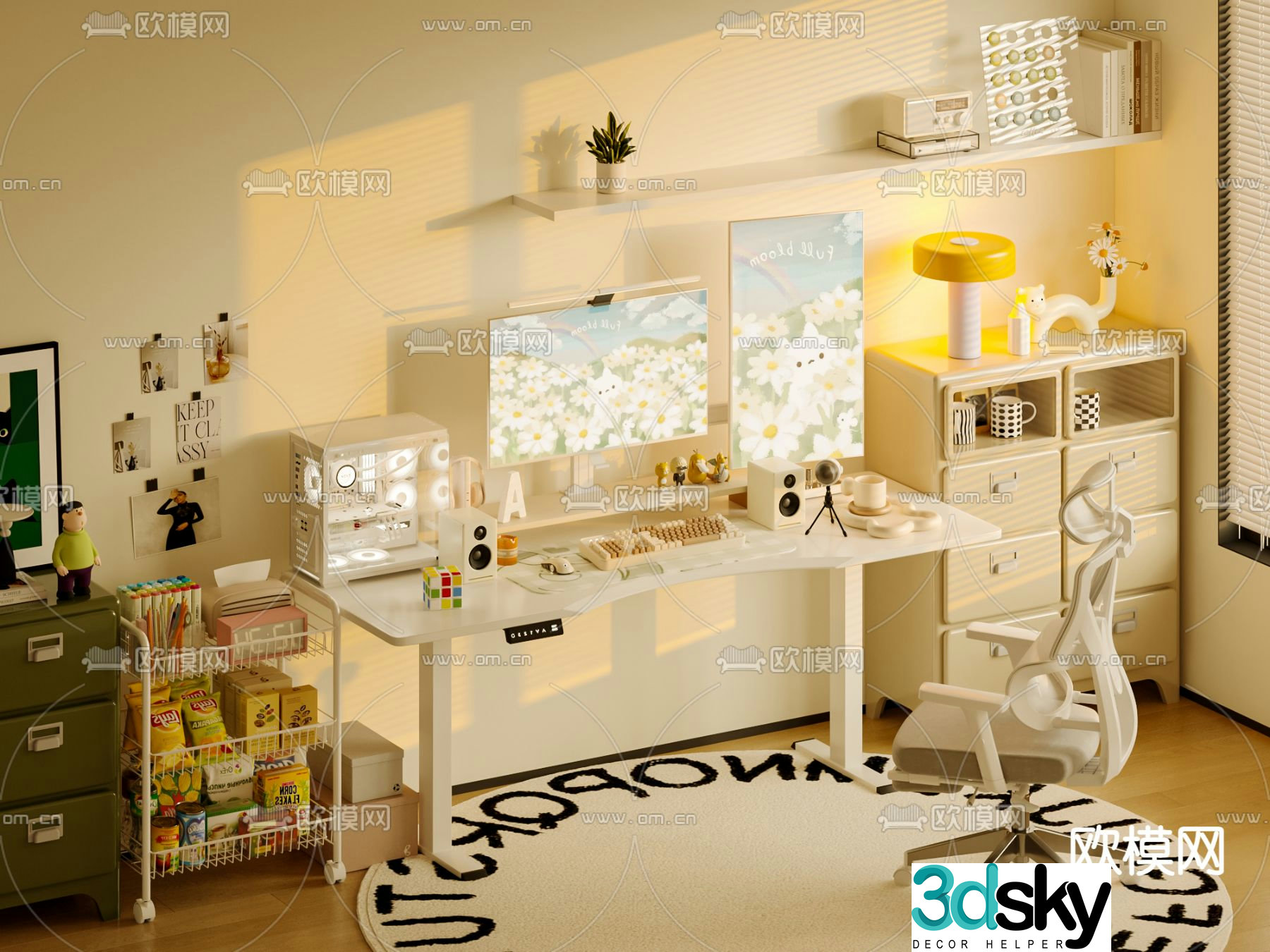 Cream style desk computer desk study table 3d model