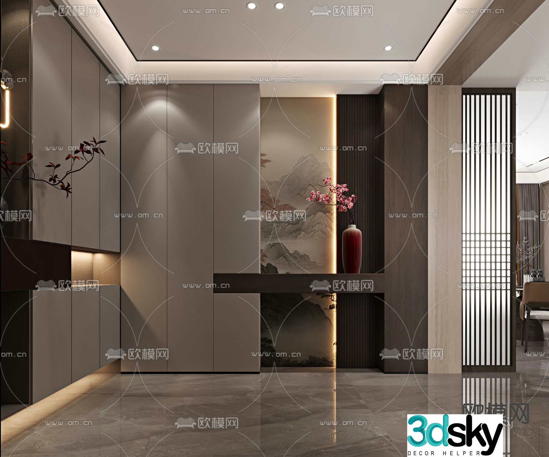 Chinese style entrance shoe cabinet 3D model