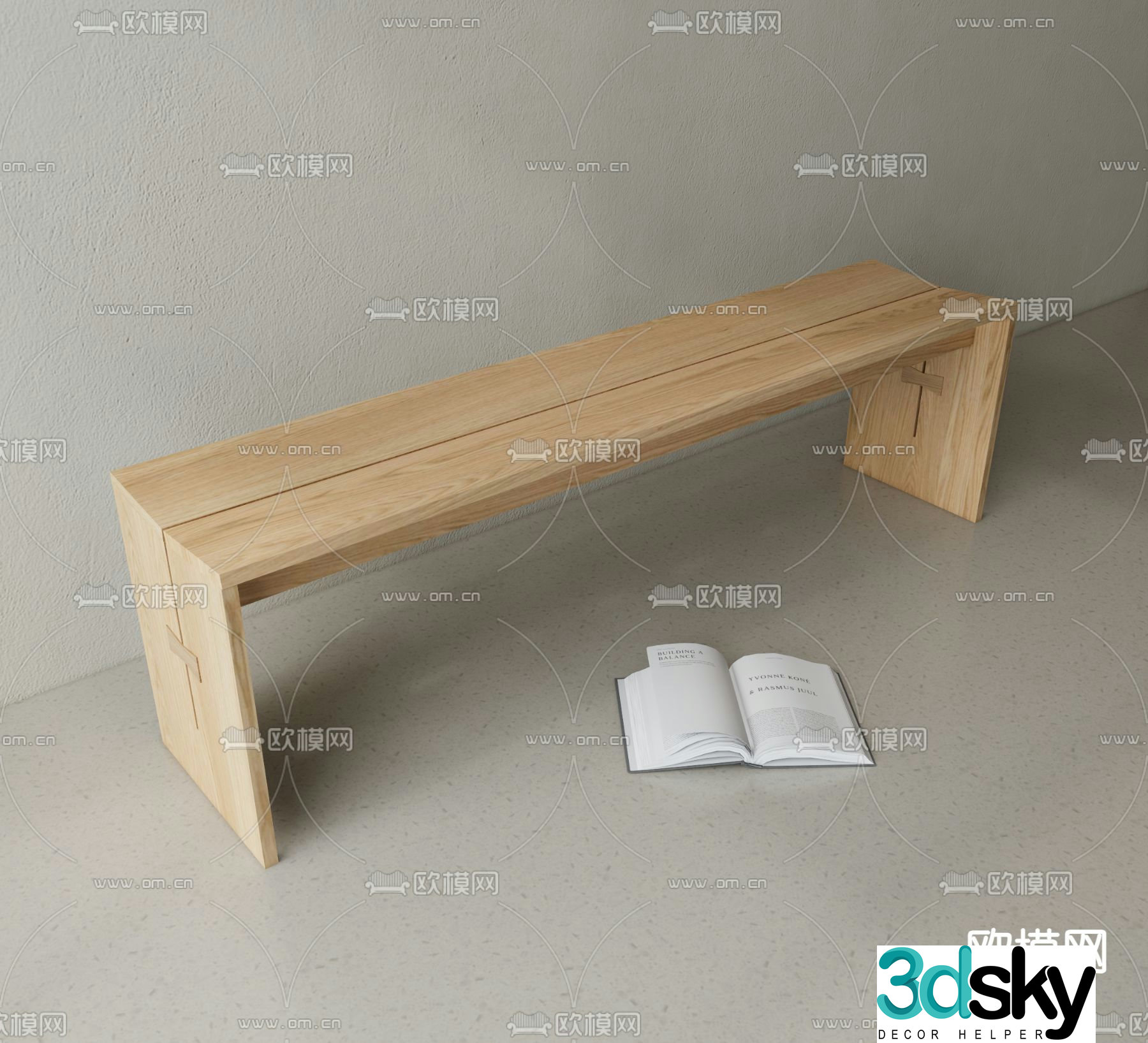 modern stool wooden stool solid wood bench 3d model