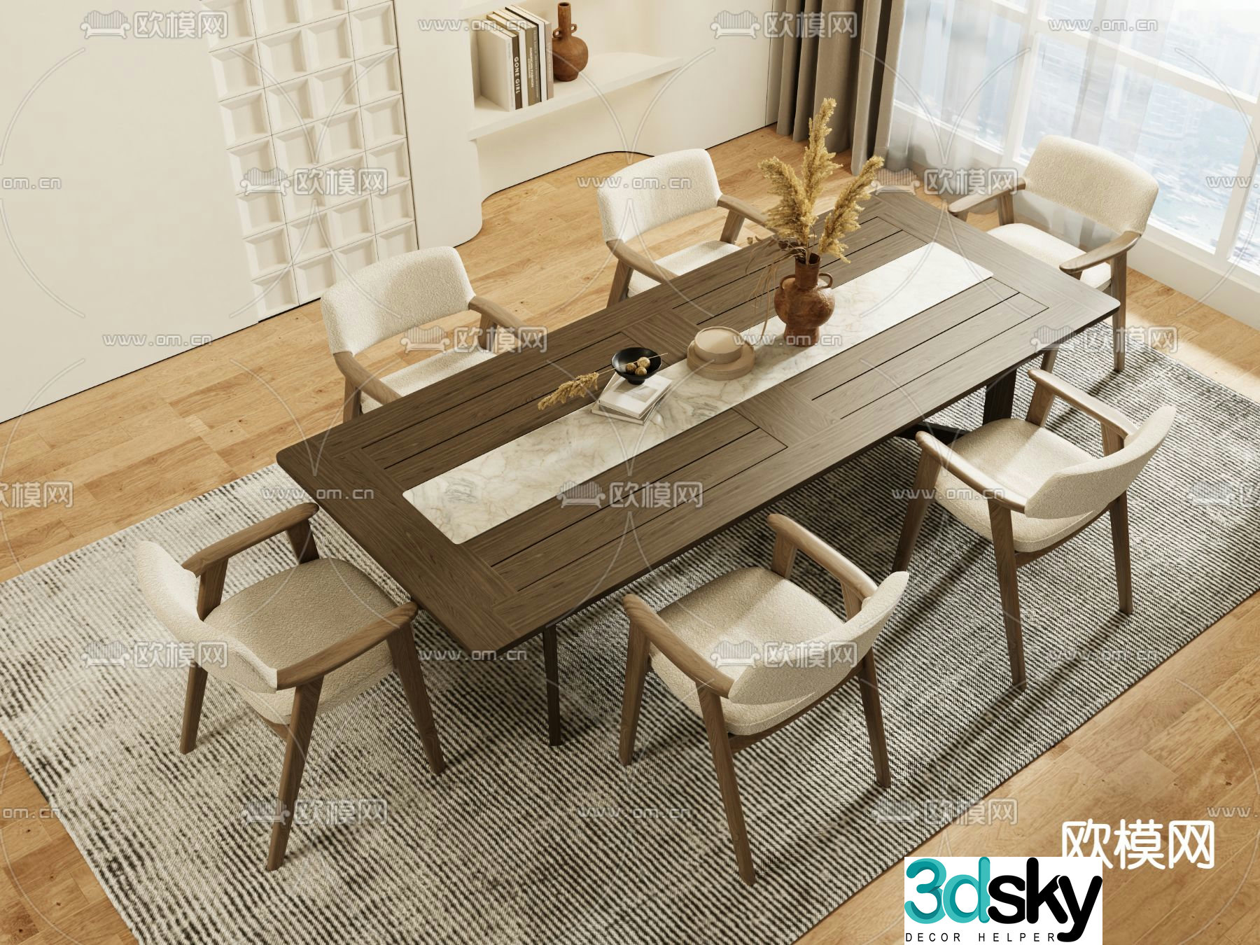 Wabi-sabi dining table and chairs strip dining table 3d model