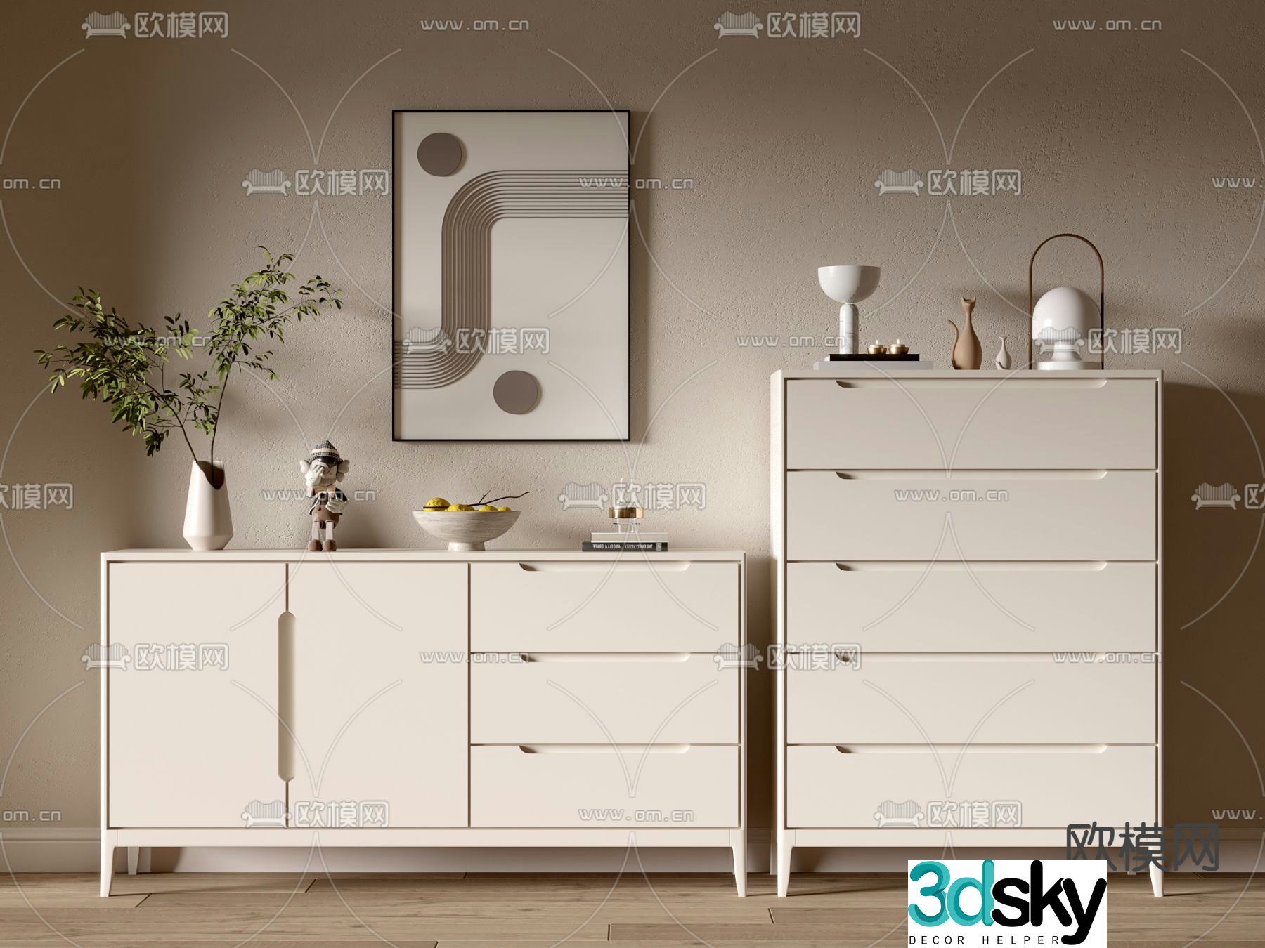 Cream style entrance cabinet low shoe cabinet 3D model