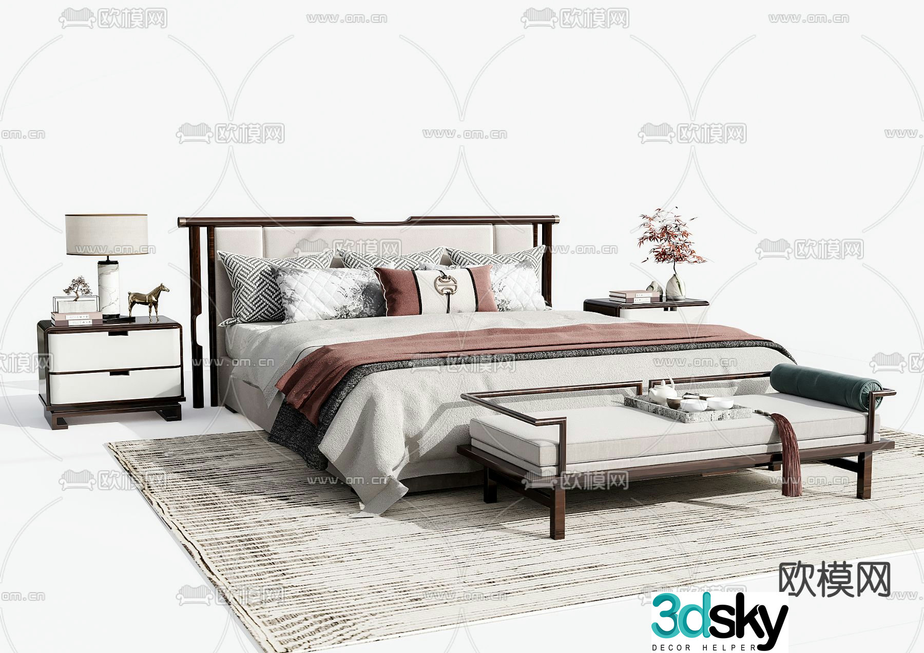 New Chinese style double bed 3d model