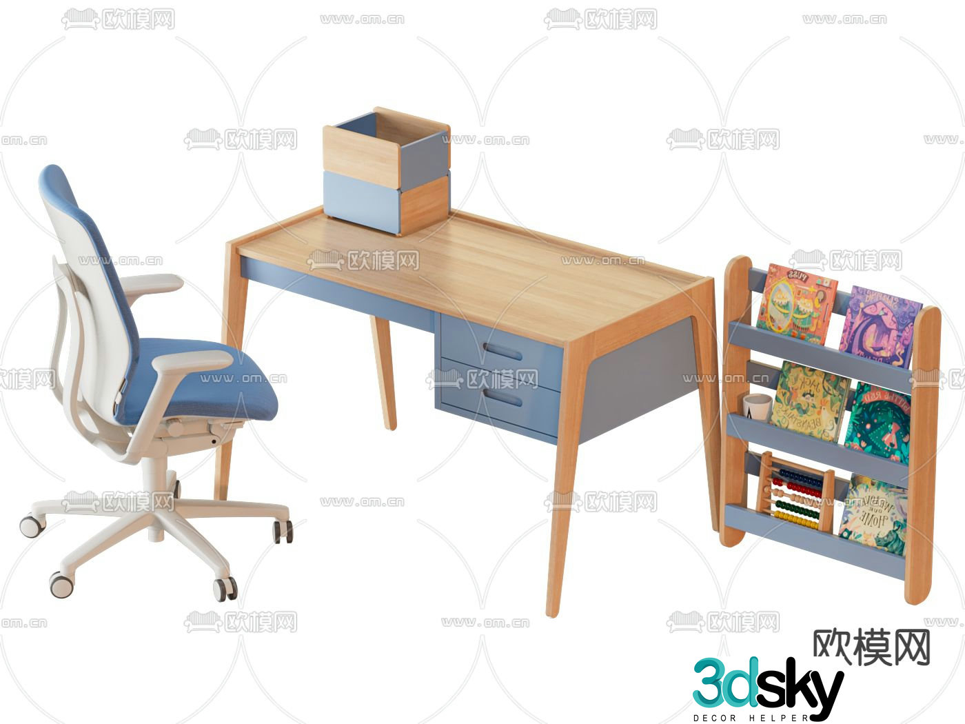 Children’s desk study table bookshelf 3d model
