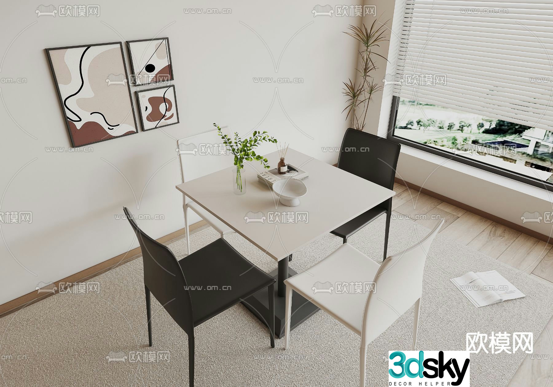 Square table leisure table and chairs 3d model